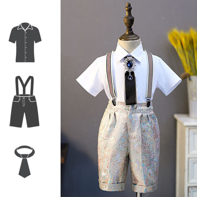 Three-piece suit (white shirt + overalls + bow tie)