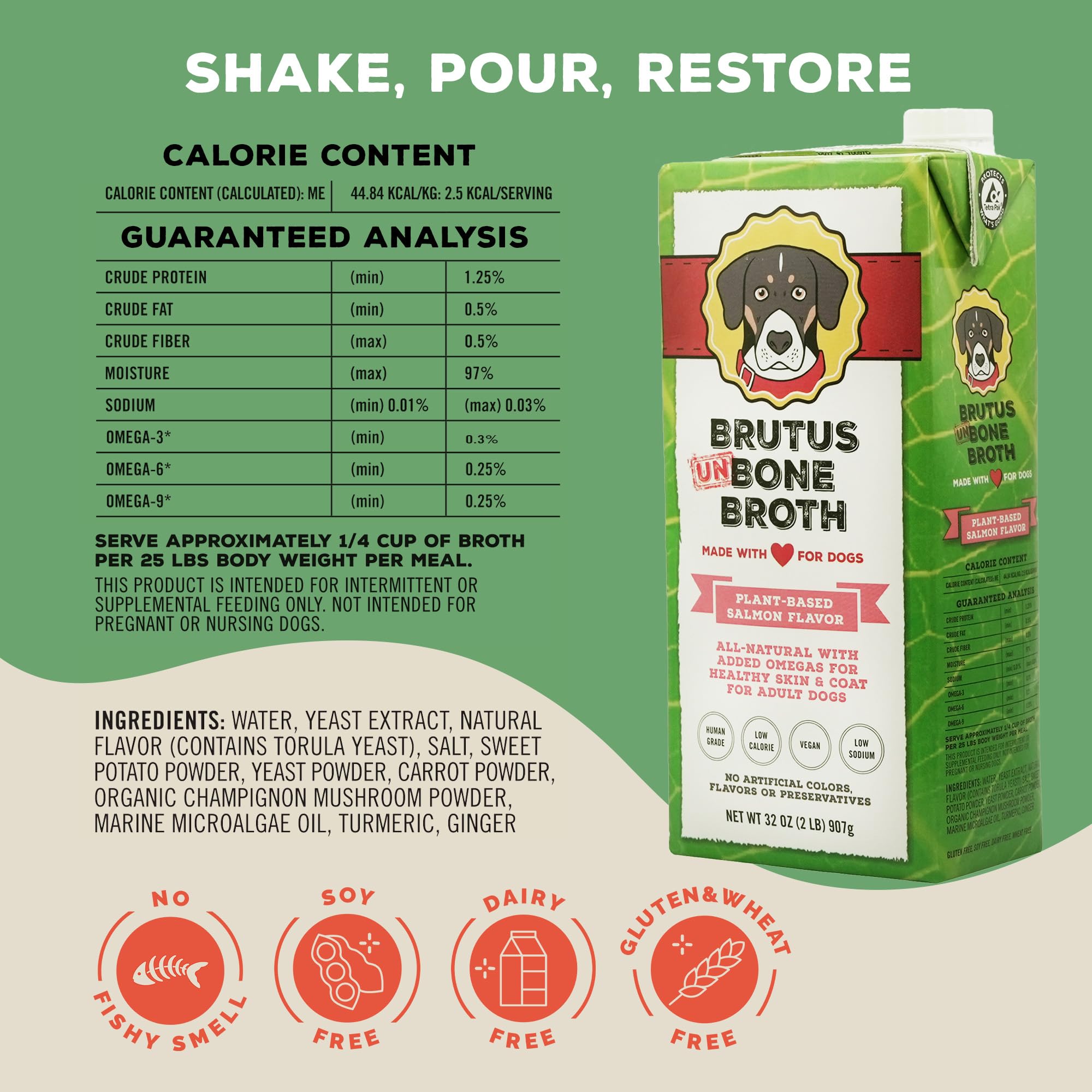 Brutus All-Natural Vegetable Broth for Dogs 192oz (6-Pack) | USA Made Human-Grade Dog Food Topper with Omega & Turmeric for Skin & Coat Health | Hydrating Gravy & Treat Sauce for Salmon Flavor | Perfect for Senior Dogs, Picky Eaters & Meal Enhancement