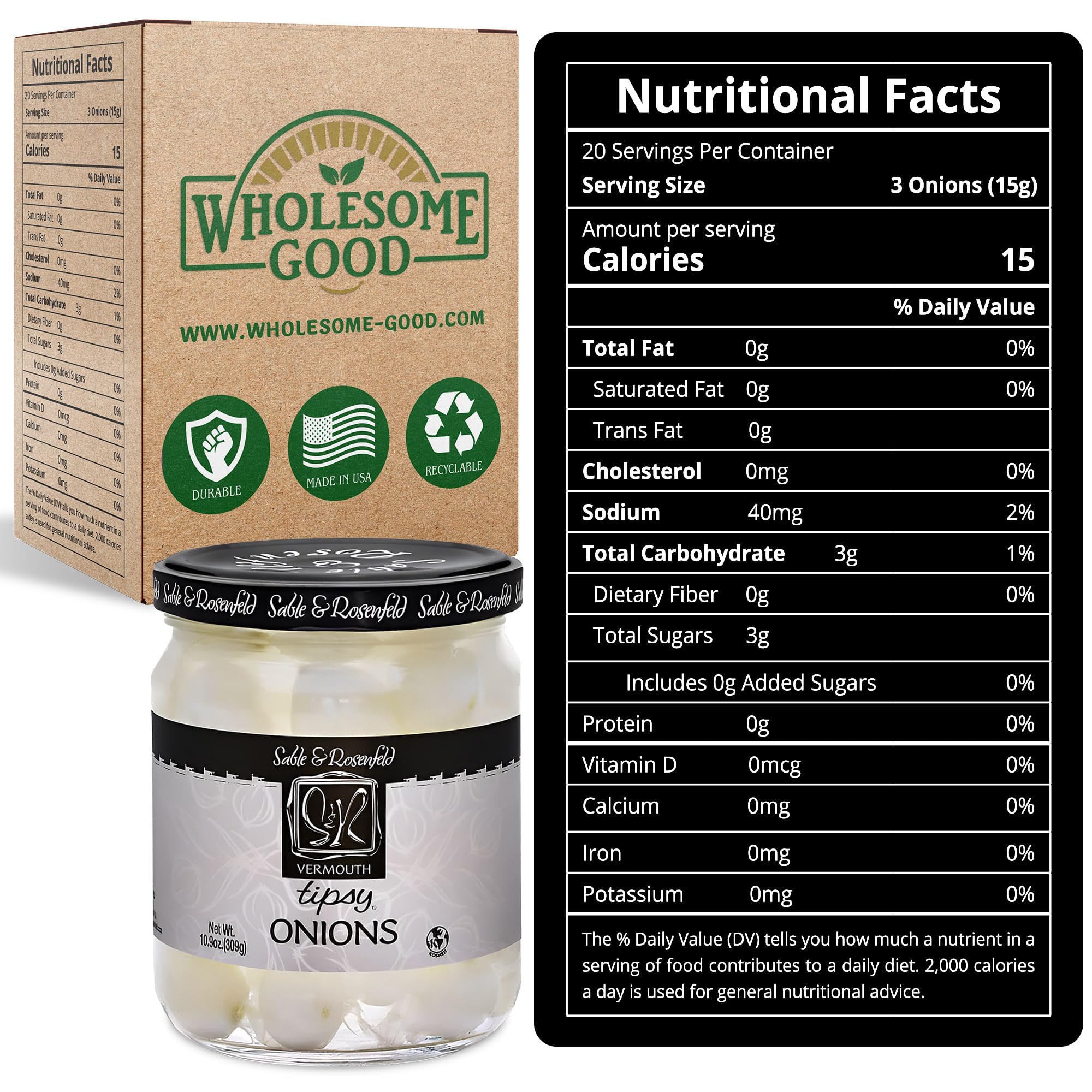 Premium Tipsy Cocktail Onions in Jar with French Vermouth - Gourmet Pickled Silverskin Onions for Martinis, Gibsons & Bloody Marys - Kosher Parve Certified - Sable & Rosenfeld - 10.9 oz (Pack of 2) - Perfect for Home Bars, Dinner Parties & Gift Baskets