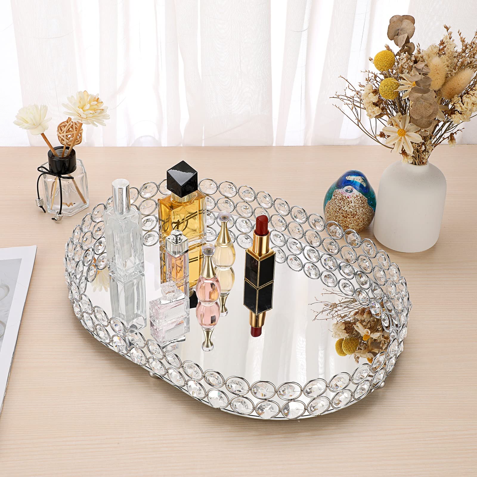 Hipiwe Large Crystal Vanity Tray - Mirrored Dresser Perfume & Makeup Organizer for Jewelry, Cosmetics & Skin Care Storage | Elegant Bathroom Countertop & Home Decor Accessory | Perfect for Bedroom, Dresser & Vanity Table Organization