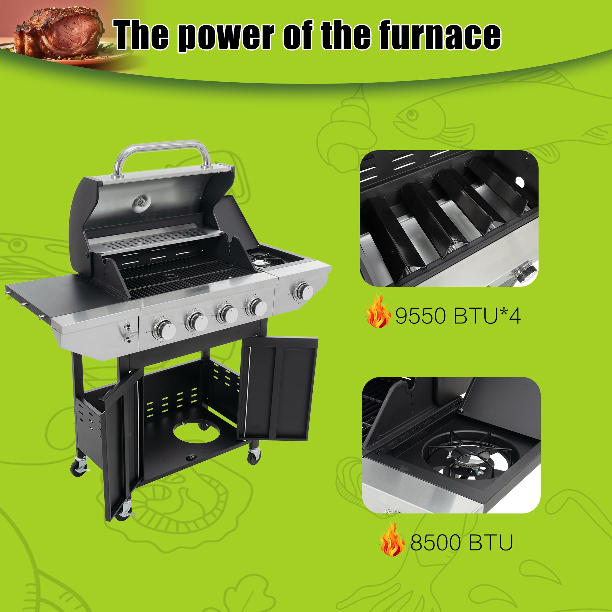4 Burner Outdoor Propane Gas Grill with Side Burner & Built-in Thermometer - Stainless Steel BBQ Grill with Wheels for Backyard, Patio, Camping & Tailgating - Perfect for Family Gatherings, Outdoor Cooking & Grilling Parties