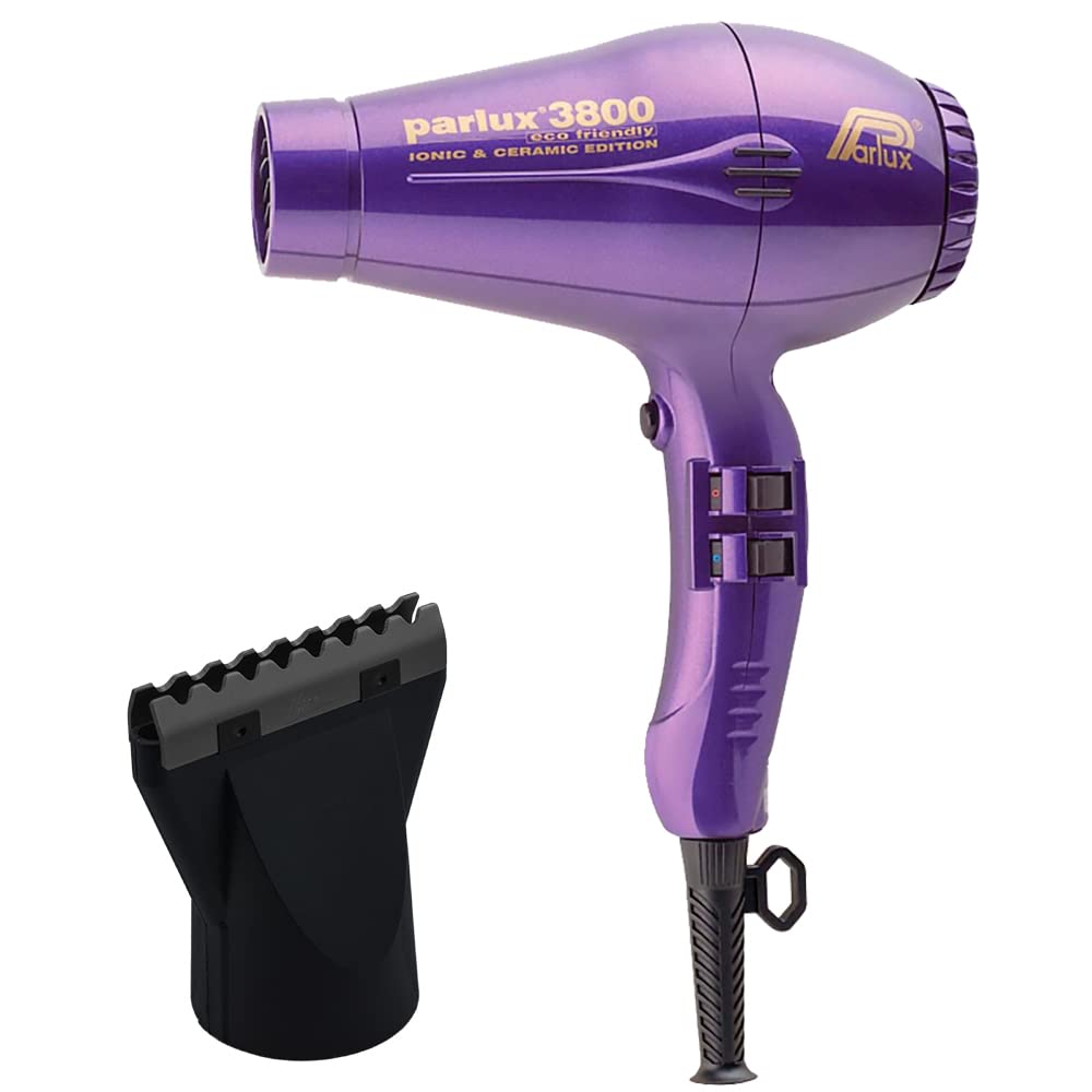 Parlux 3800 Eco-Friendly Ionic Ceramic Hair Dryer with Violet M Hair Designs Hot Blow Attachment - Black (2-Piece Set) | Professional Salon Styling for Home & Travel Use