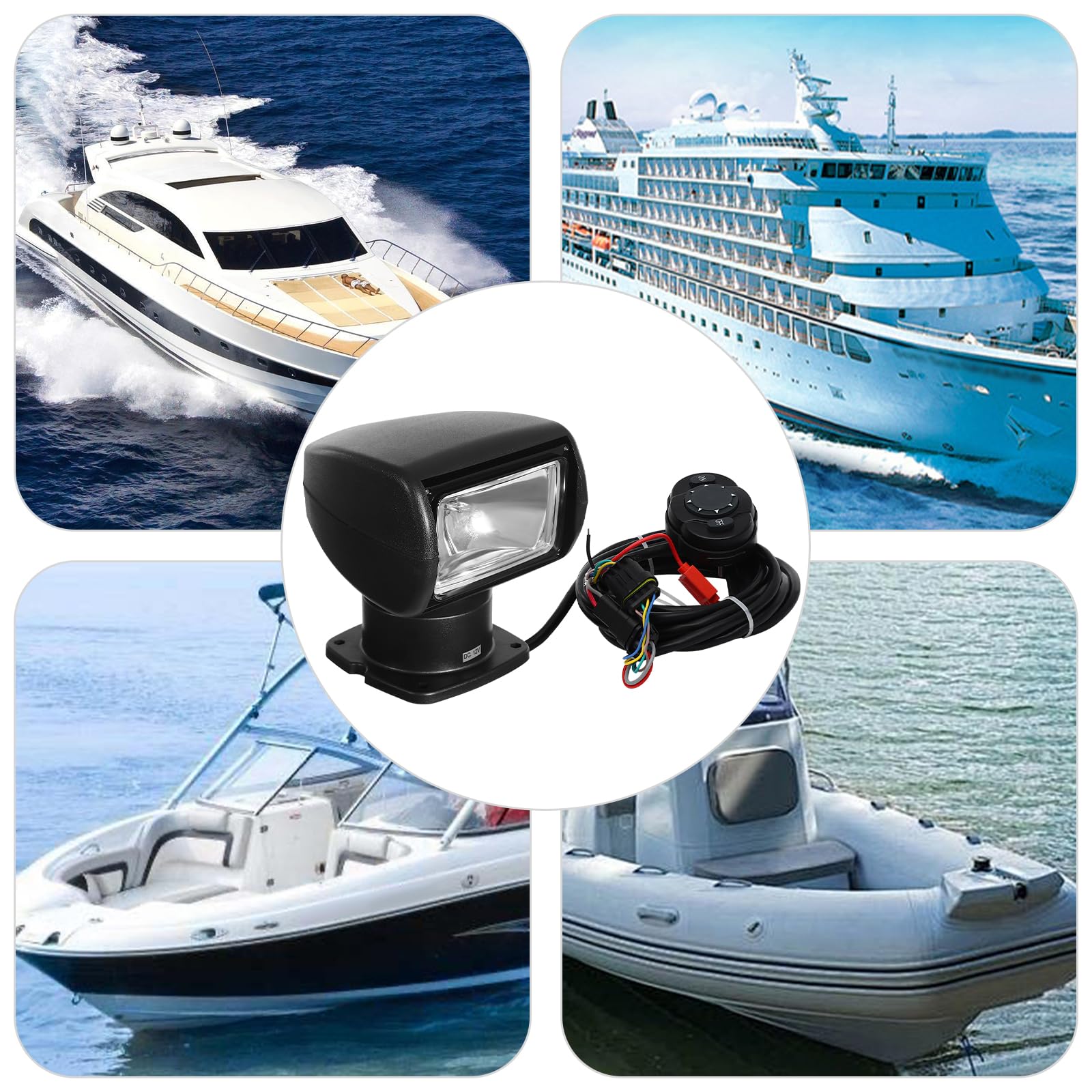 360° Rotating Remote Control Marine Boat Spotlight - 12V 100W Waterproof Halogen Search Light for Boats & Trucks | Omnidirectional Lighting for Night Fishing, Offshore Navigation & Emergency Rescue (Black)