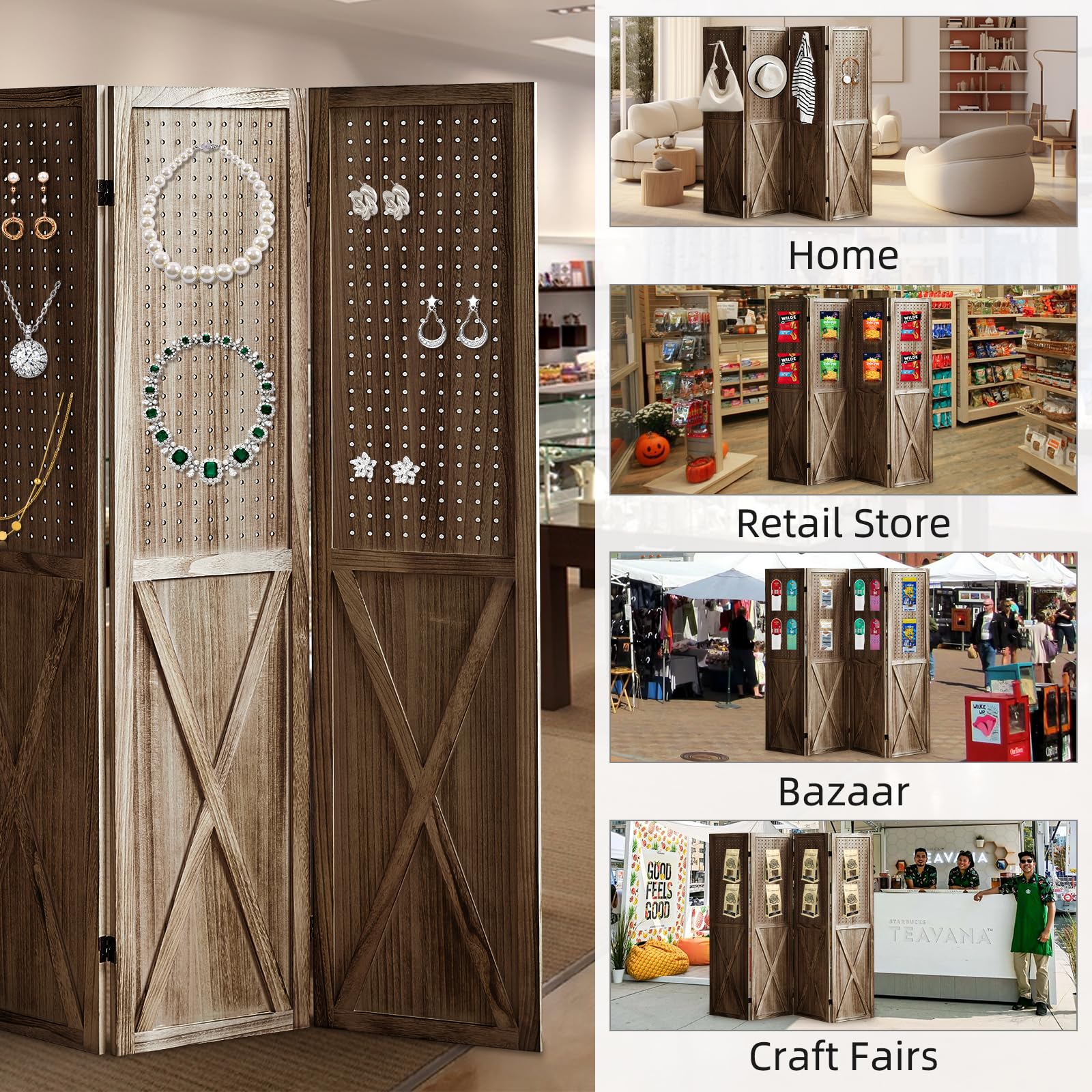 Wooden 4-Panel Folding Room Divider with Pegboard - 5.6Ft Portable Privacy Screen & Display Organizer for Jewelry, Crafts, Art Shows - Perfect for Home Office, Retail Stores & Event Displays (Brown)