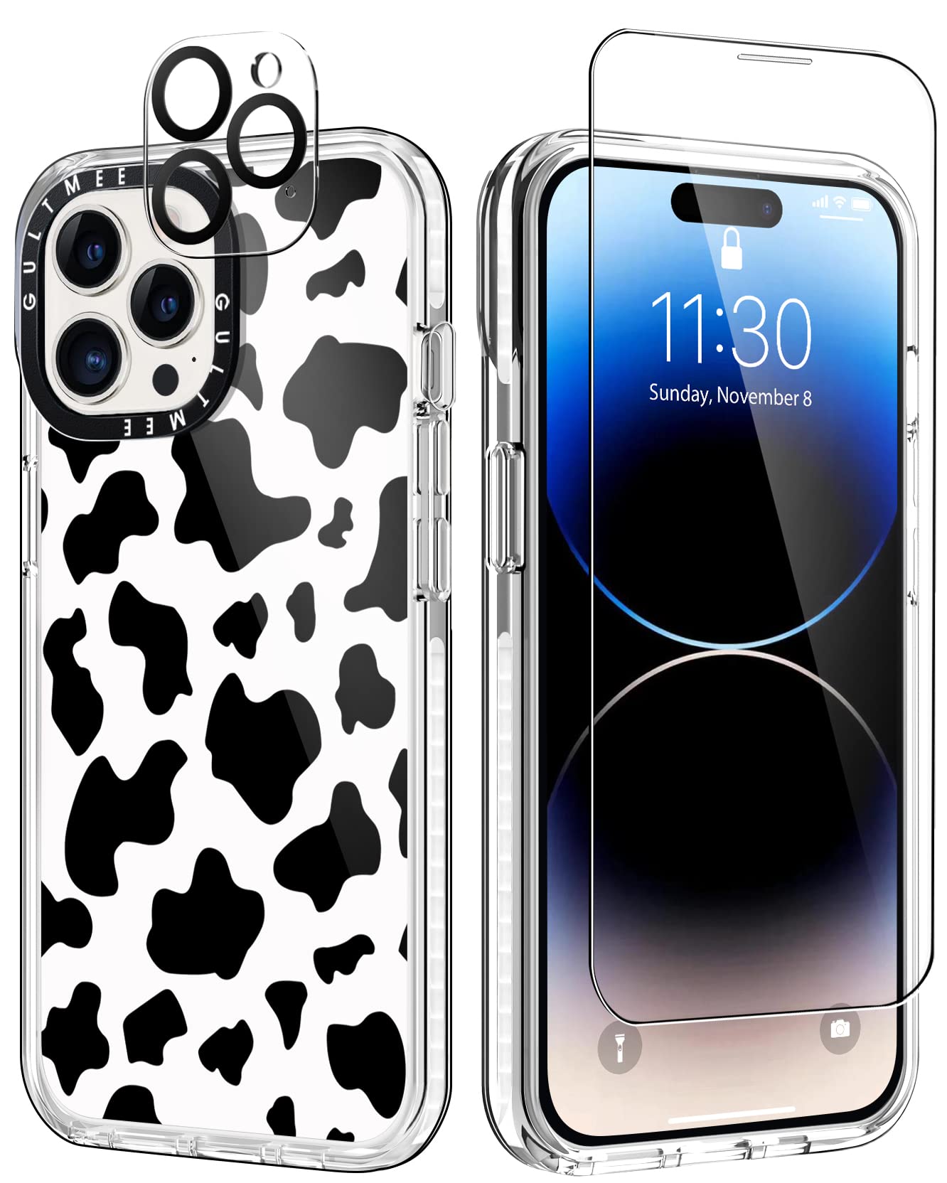 3 in 1 Cute Cow Print Shockproof iPhone 14 Pro Case with Built-in Bumper, Tempered Glass Screen Protector & Camera Lens Cover - 6.1