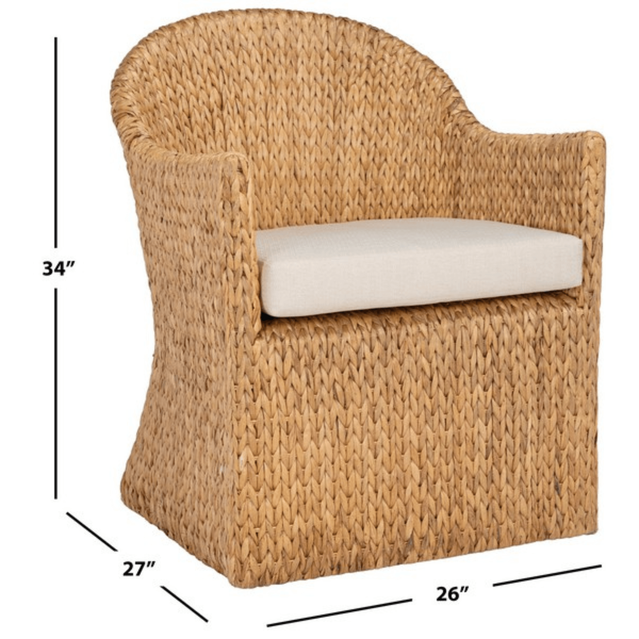 Braided Natural Water Hyacinth Dining Chair with Beige Cushion - Eco-Friendly Woven Rattan Seat for Indoor/Outdoor Dining Room, Patio, Kitchen, and Restaurant Use