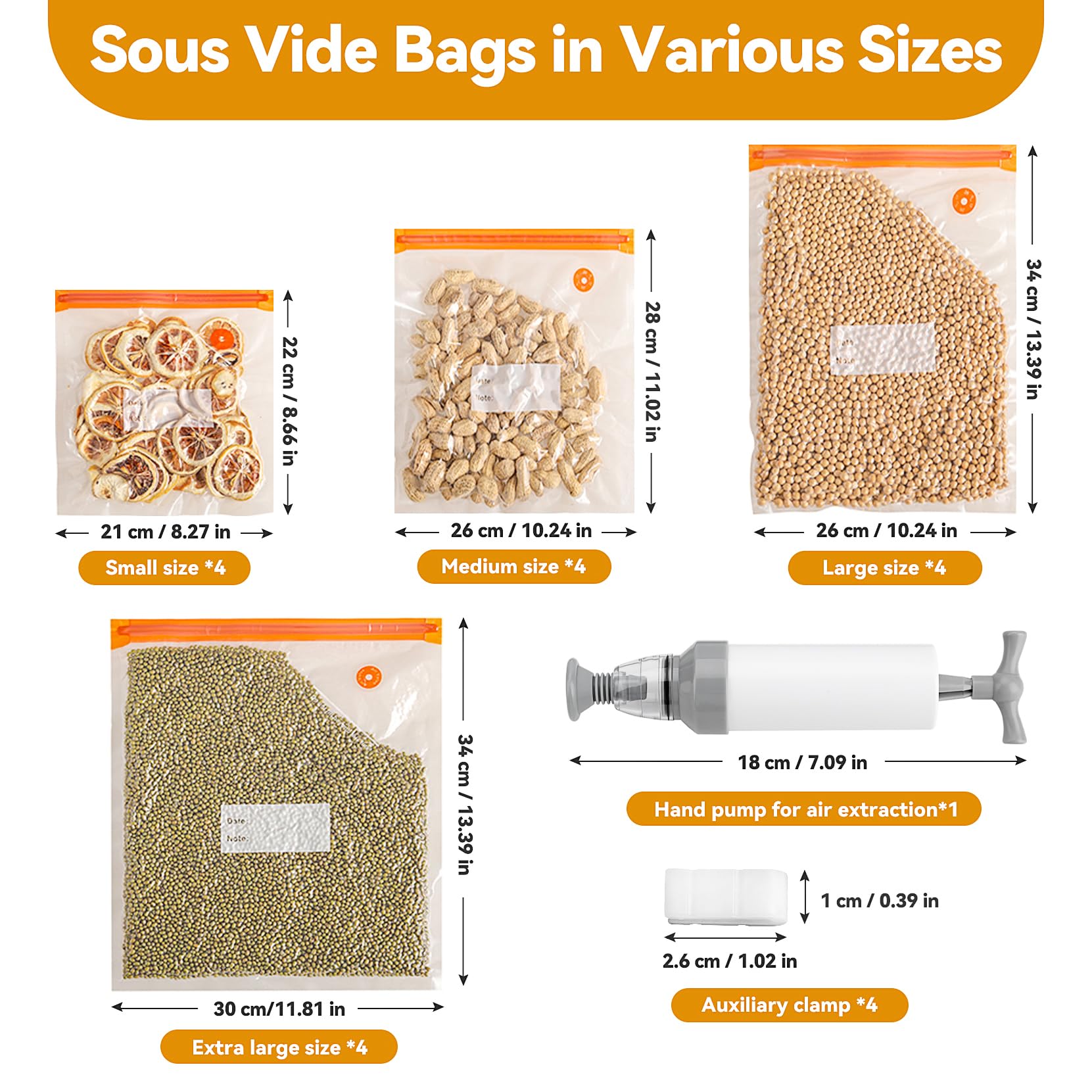 21Pcs Reusable Vacuum Sealer Bags Set - 4 Sizes Sous Vide Storage Bags with Hand Pump & Sealing Clips - Airtight Food Containers for Meat, Vegetables, Fruits | Perfect for Meal Prep, Sous Vide Cooking & Freezer Storage