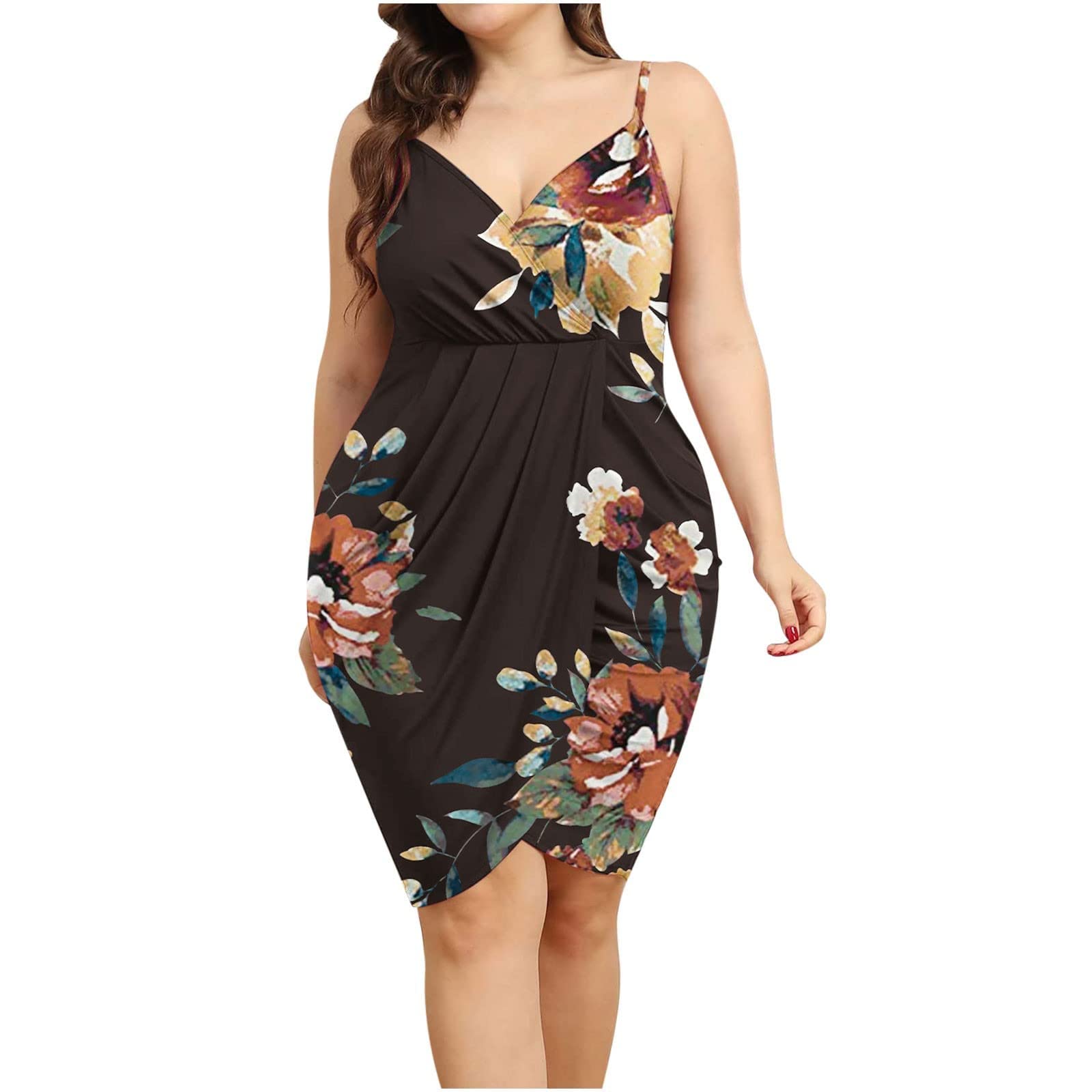 MOBCTG Women's Plus Size Floral Print V-Neck Cross Strap Summer Dress for Wedding Guest & Special Occasions - Elegant High Waist Party Dress for Beach Vacations & Date Nights