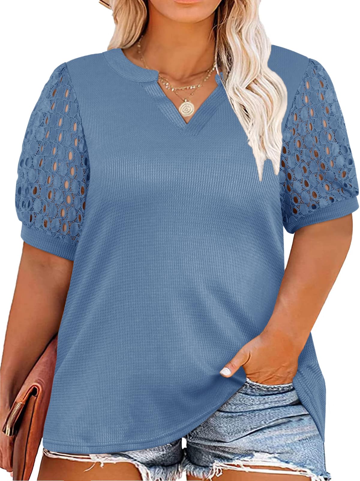 HDLTE Plus Size Women's Short Sleeve Lace Waffle Knit Oversized Blouse - Comfortable & Stylish Casual Top for Work, Date Night & Everyday Wear