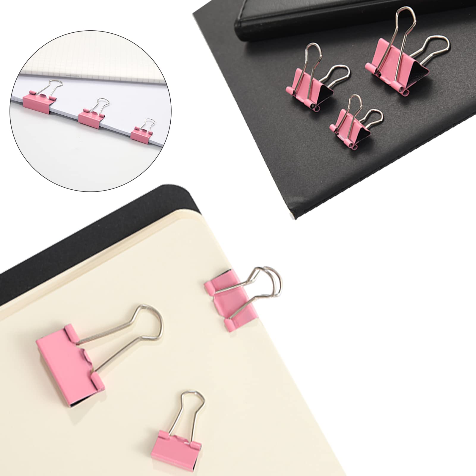 380 PCS Pink Binder Clips & Paper Clips Set - Assorted Sizes Office Supplies with Rubber Bands for Organizing Files, Documents, School Projects & Home Office Use