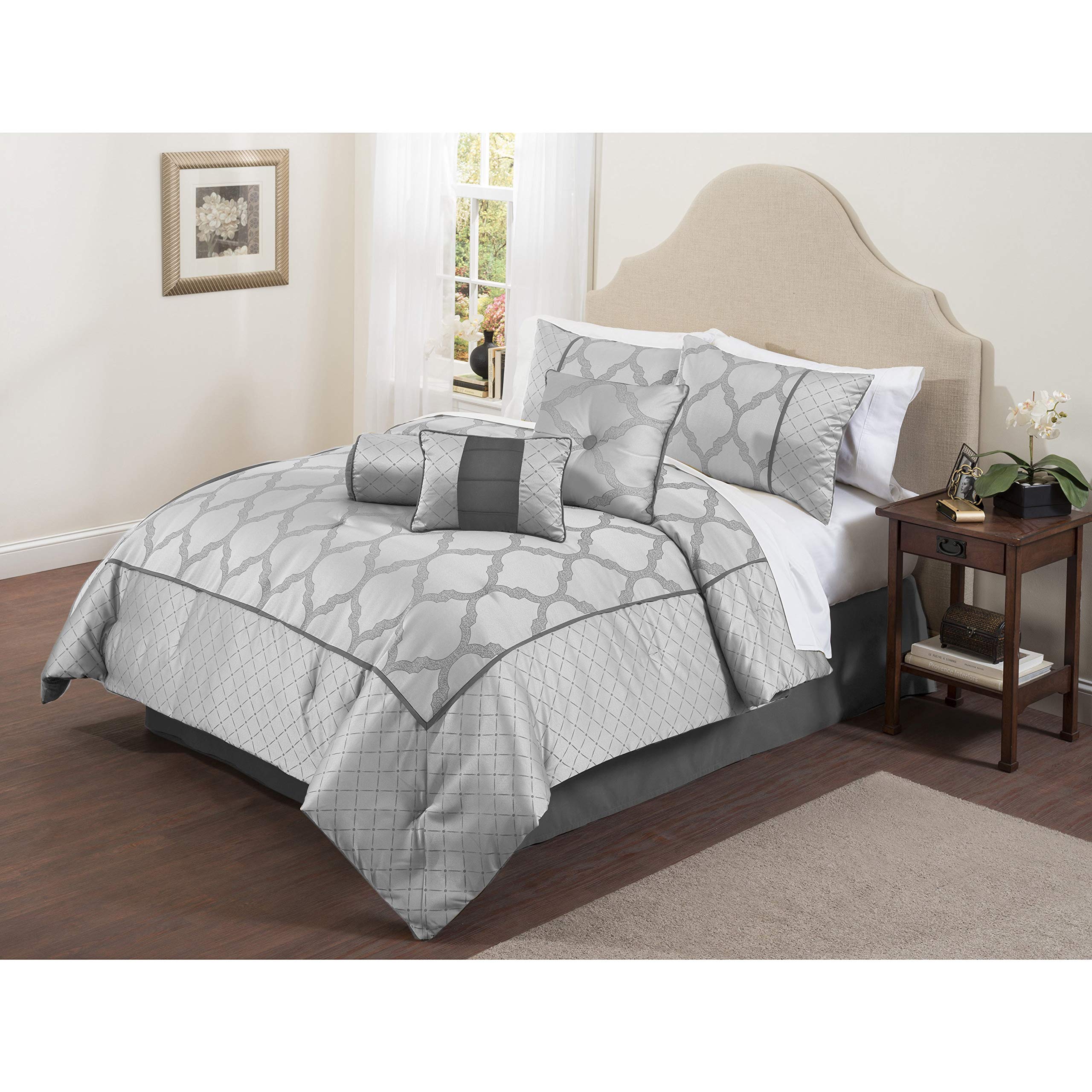 Bexley 7-Piece King Size Comforter Set in Silver - Luxury Bedding for Master Bedroom, Guest Room & Dorm Decor