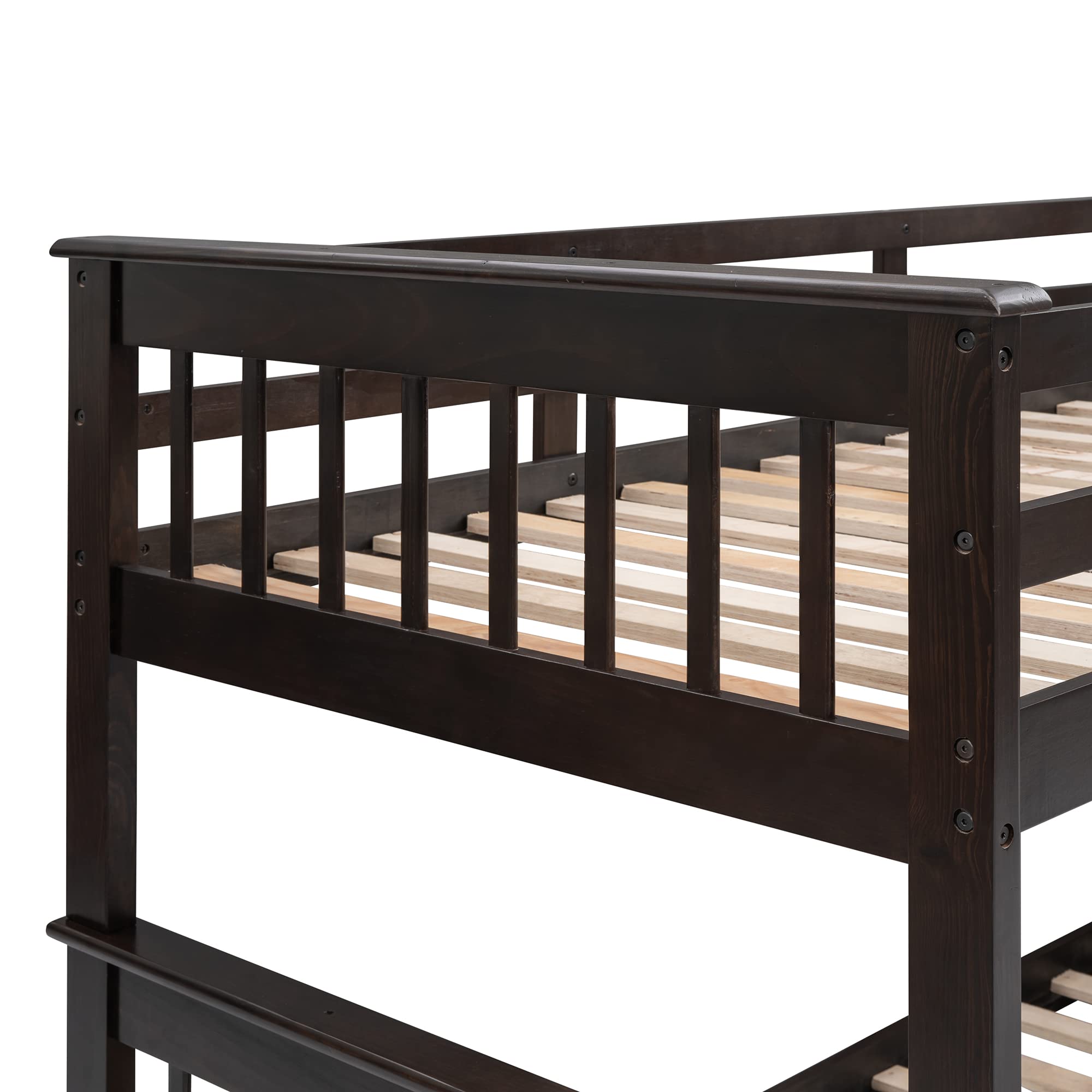 MERITLINE Twin Over Full Bunk Bed with Stairs - Solid Wood Bunk Bed Frame with Storage Drawers & Shelves, No Box Spring Required (Espresso Finish) - Perfect for Kids' Bedrooms, Guest Rooms & Space-Saving Solutions