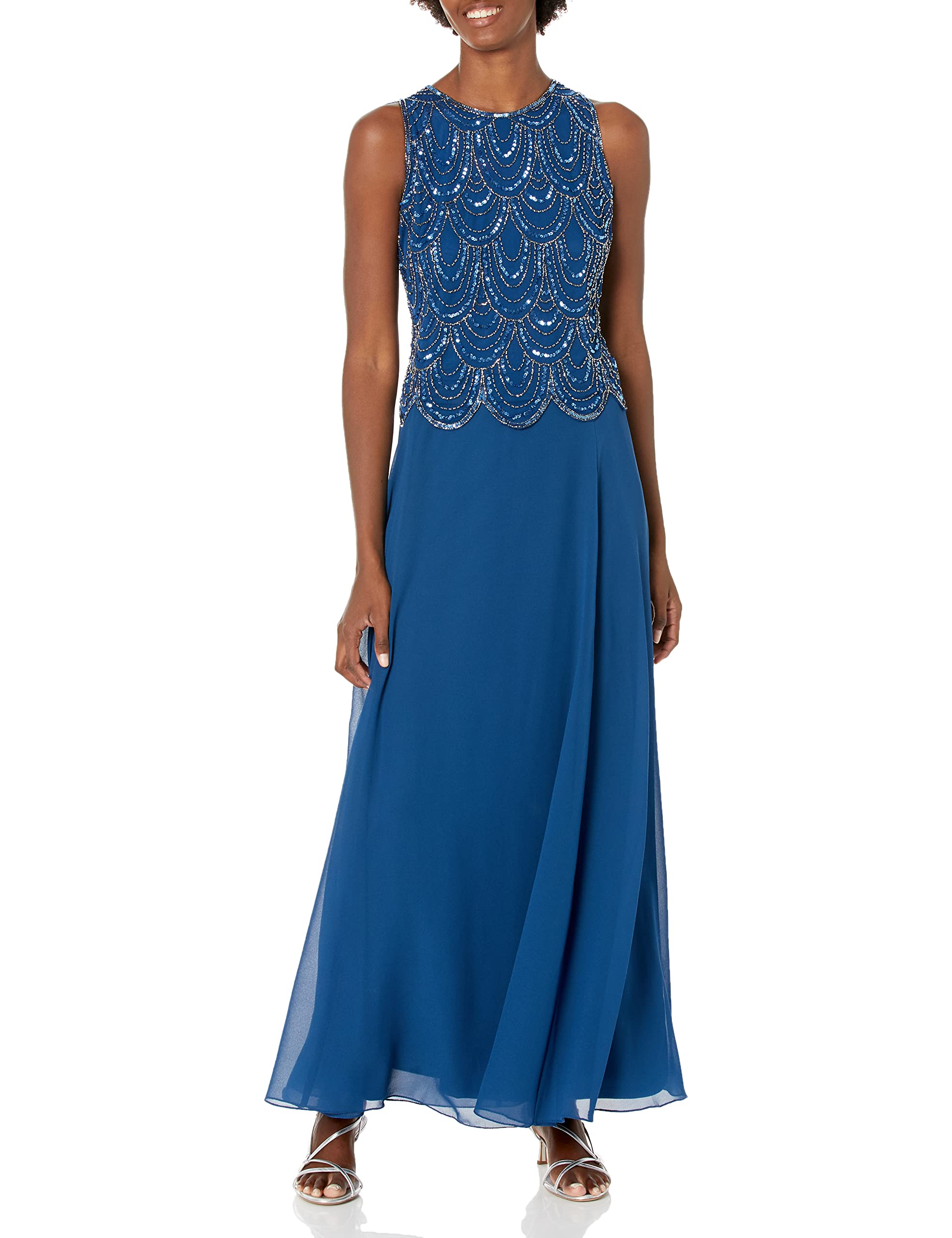 J Kara Women's Plus Size Sleeveless Beaded Maxi Dress with Detachable Scarf - Elegant Evening Gown for Weddings, Parties & Special Occasions