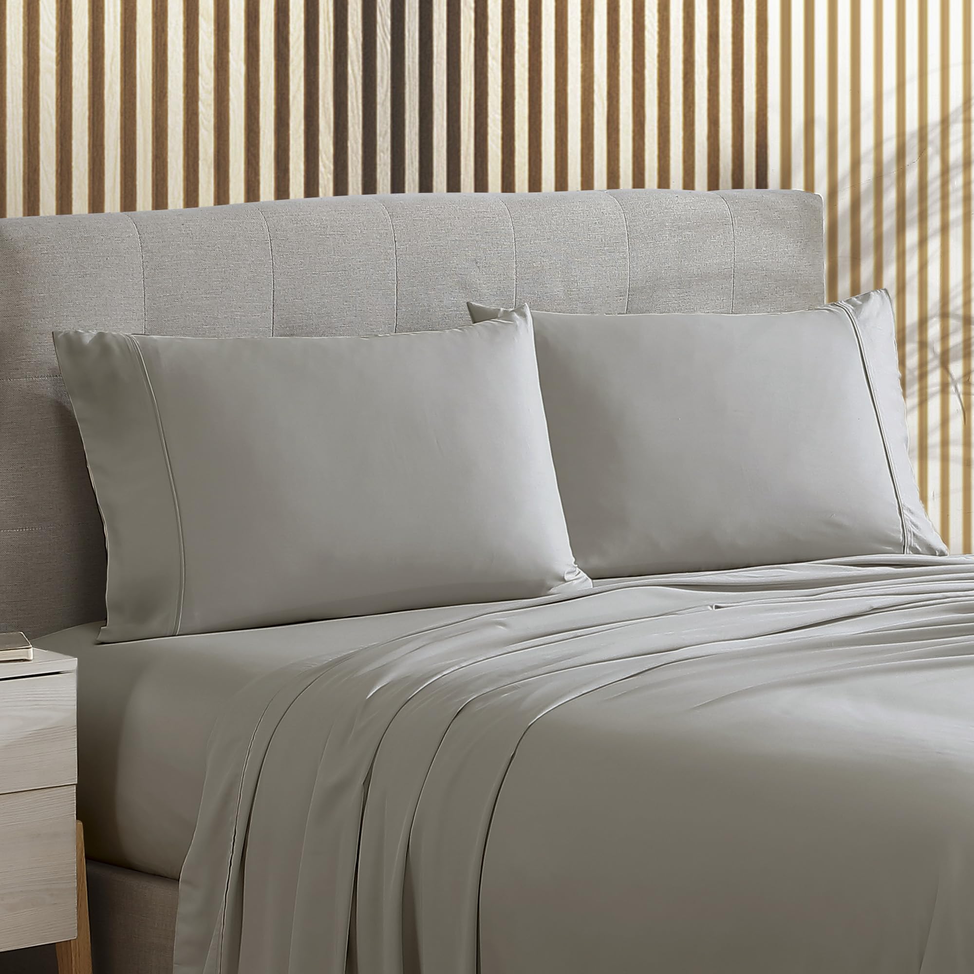 Brielle Home Viscose Bamboo Cooling Super Soft Sateen Sheet Set - California King Size, Charcoal Gray - Breathable & Hypoallergenic Bedding for Hot Sleepers & All Seasons Comfort