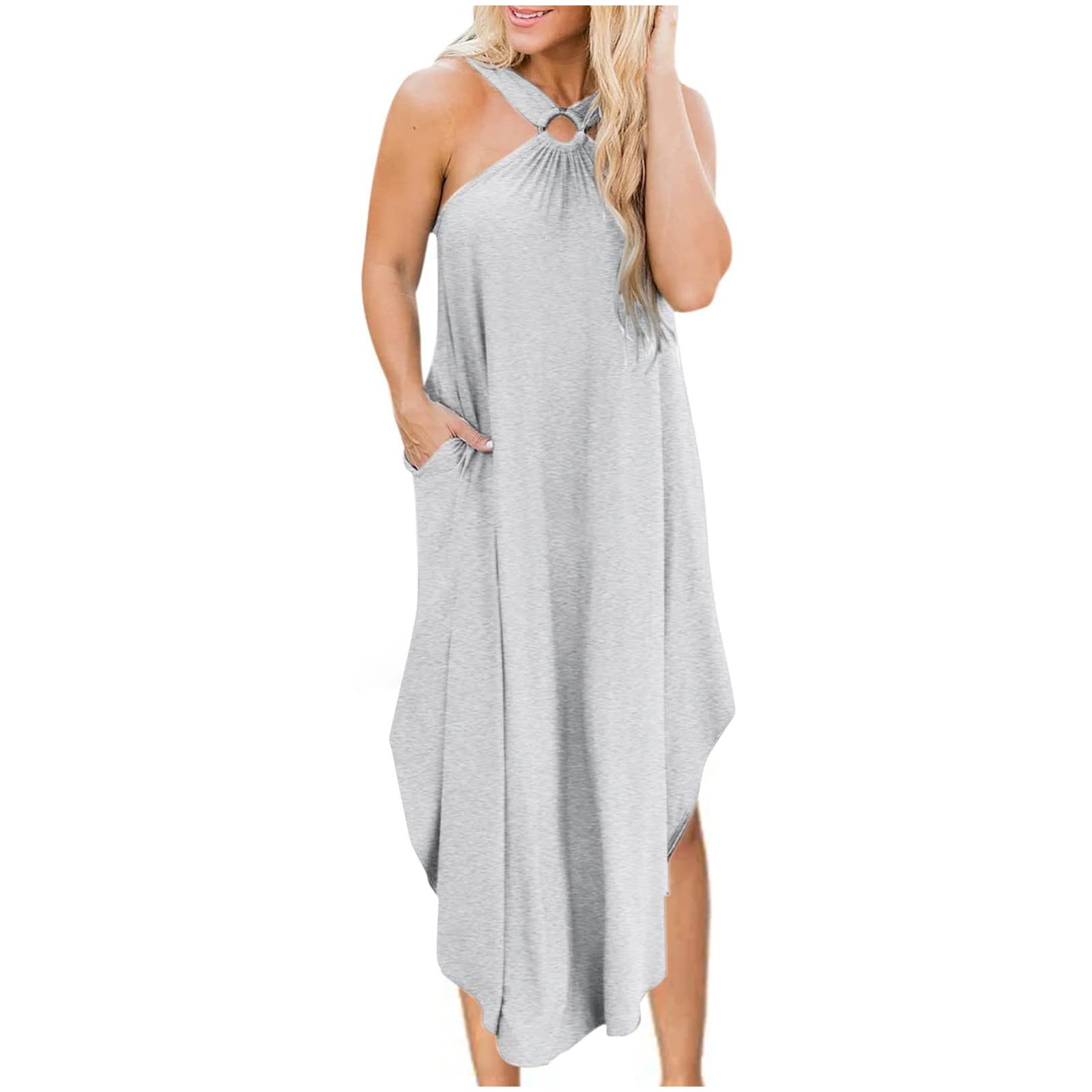 Women's Summer Dresses 2023 - Sleeveless Sexy Halter Midi Maxi Dress with Irregular Hem, Casual Boho Style for Party, Club, Night Out, Beach Vacation & Date Night