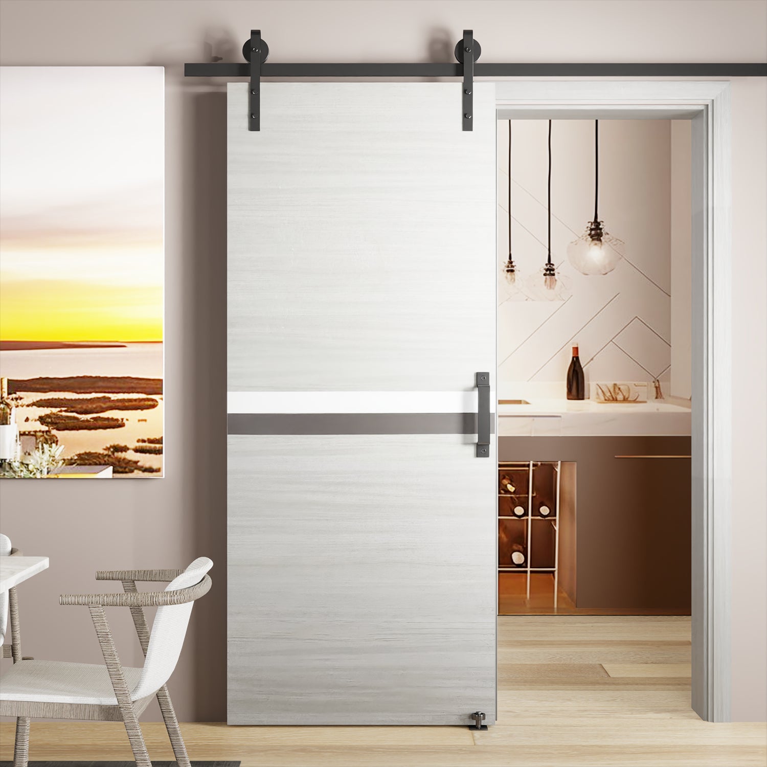 30' x 80' CRAZY ELF Melamine Sliding Door Kit with 6.6FT Track, Adjustable Floor Guide & Pull Handle - Modern Moisture-Proof Interior Door with 2mm Thick Melamine Protection | Perfect for Bedrooms, Closets & Room Dividers