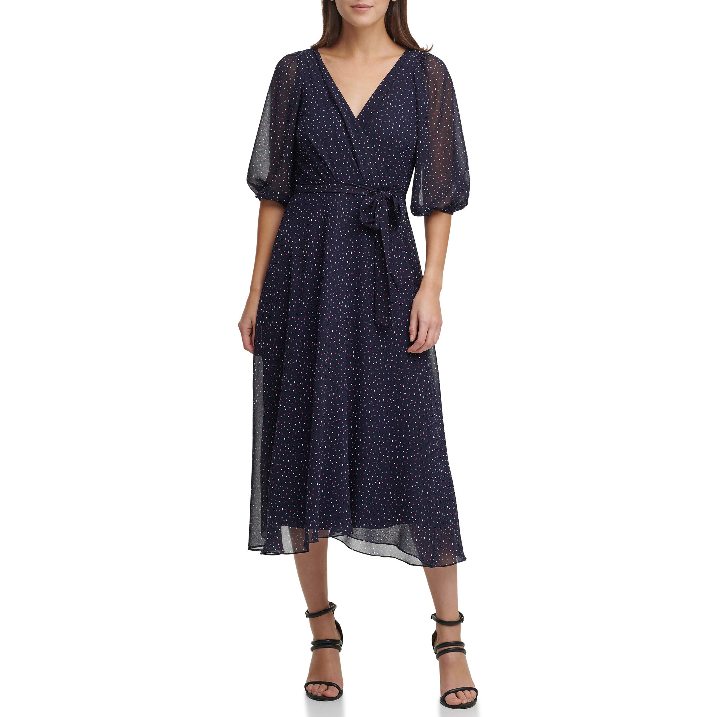 DKNY Women's Faux Wrap Dress - Elegant Stretch Knit Midi Dress for Work, Party & Special Occasions | Plus Size Options Available