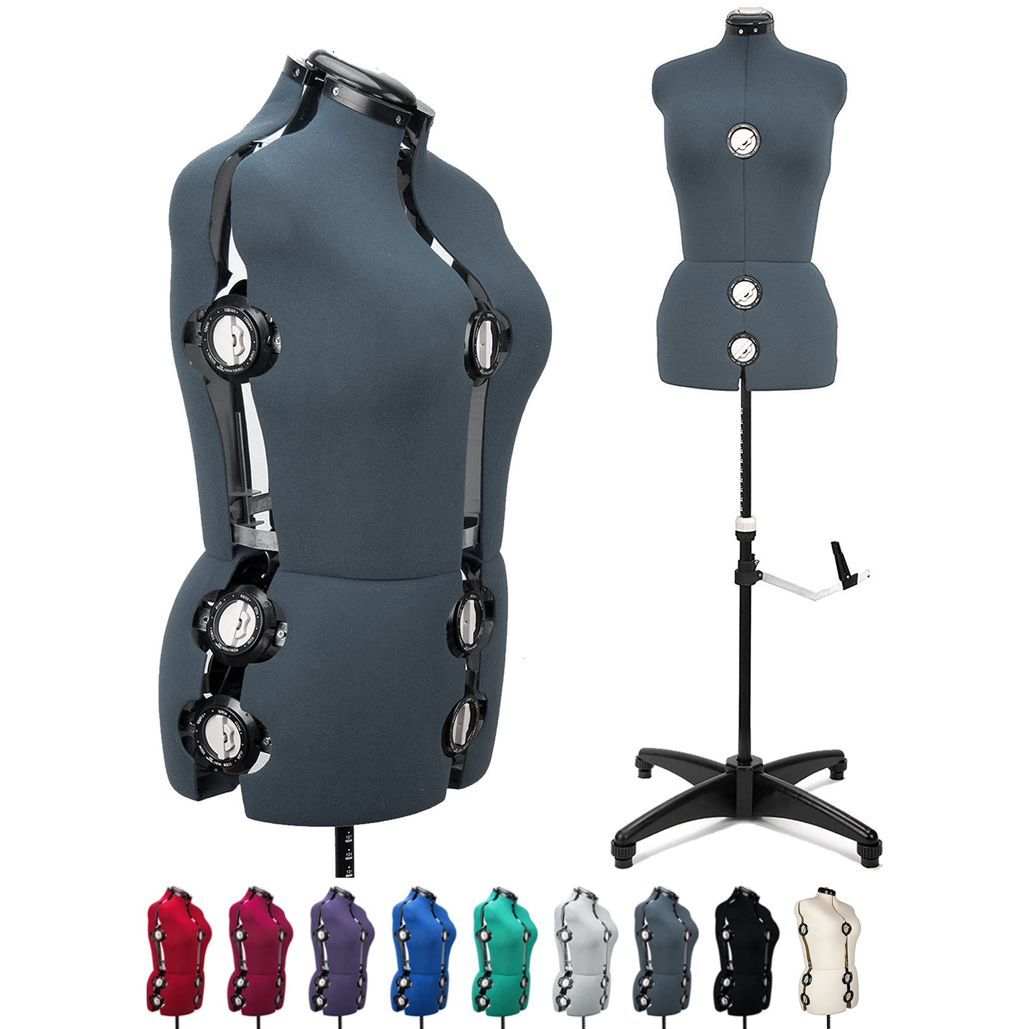 BHD BEAUTY Adjustable Dress Form Mannequin - 13 Dials, Dark Gray Fabric, Tri-Pod Stand, Up to 70