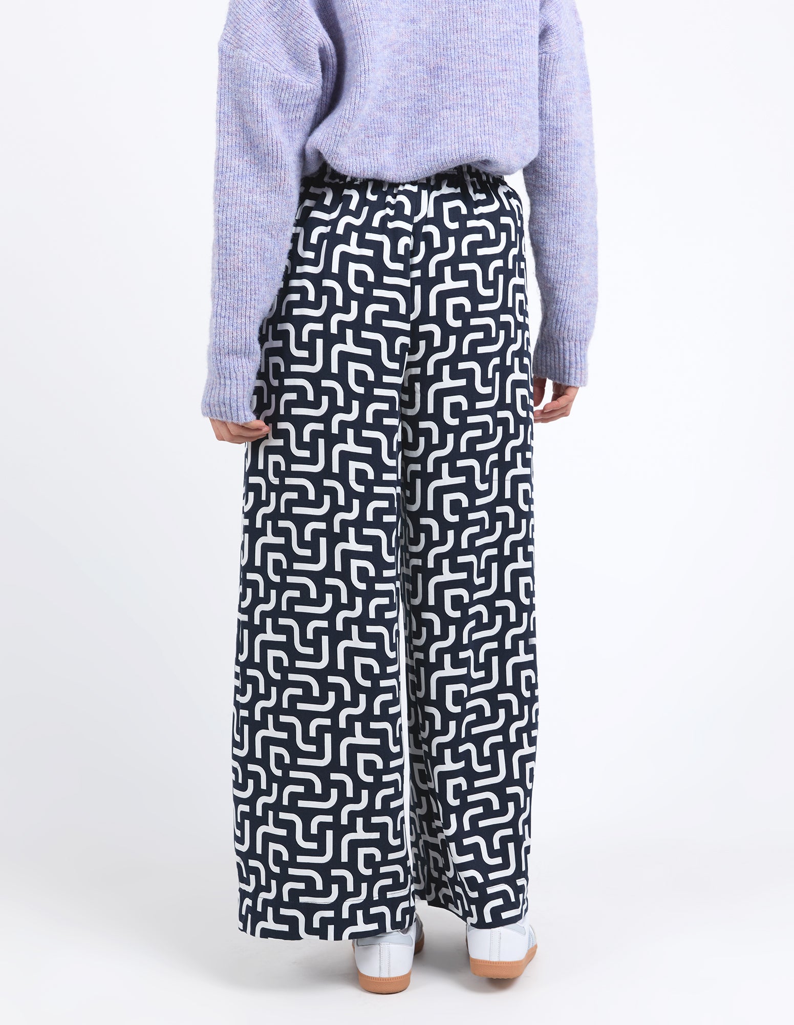 Elm Gemma Geo Print Pants for Women - Navy Blue Geometric Pattern High Waisted Trousers for Casual Wear, Office, and Travel