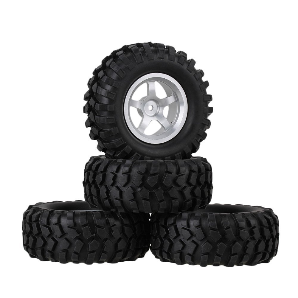 96mm 1/10 Scale RC Tires & 5-Spoke Aluminum Alloy Wheels Rims for SCX10 D90 Rock Crawler - Silver | Off-Road RC Car Upgrades for Trail Crawling & Scale Adventures