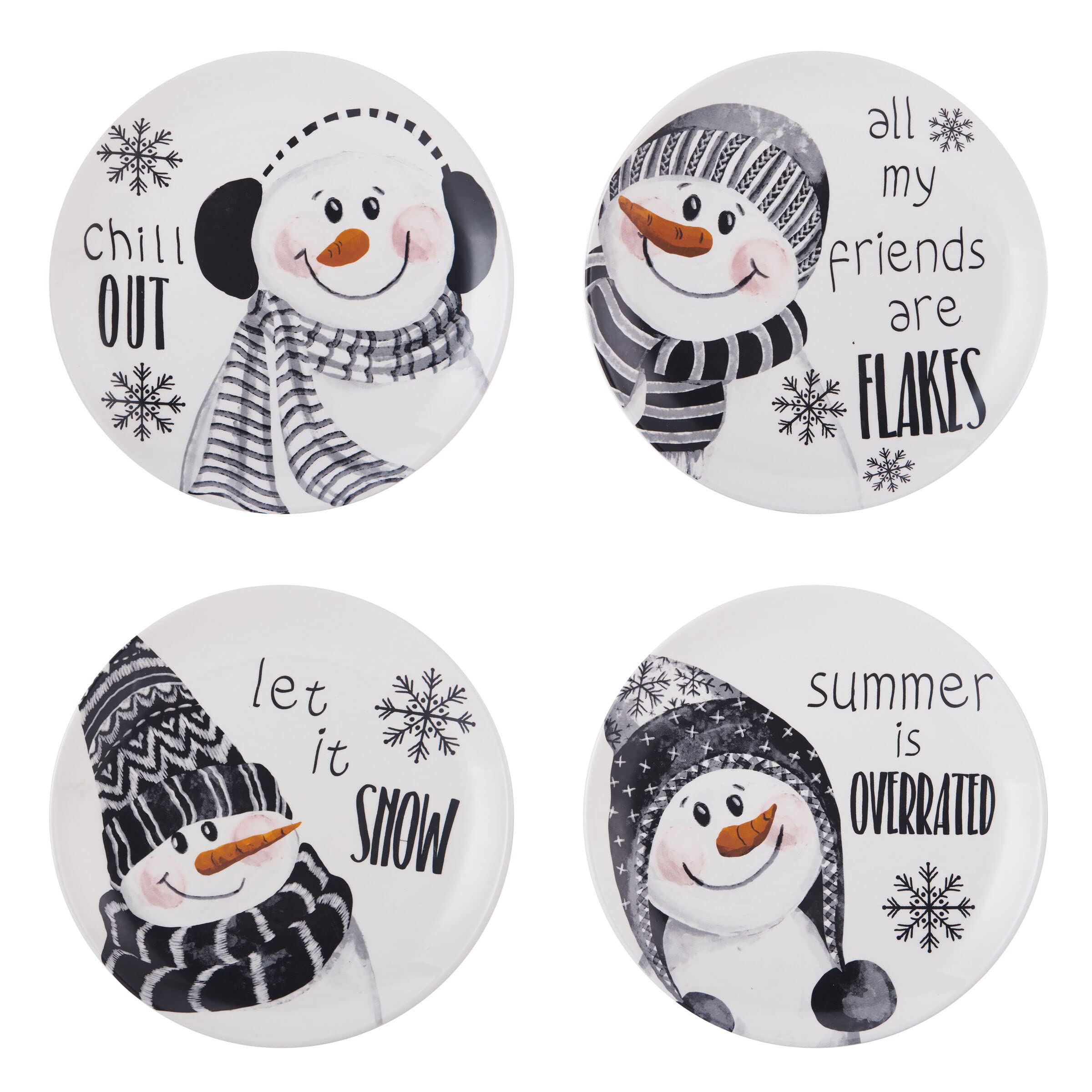 Fitz and Floyd Snow Days Snowman Set of 4 Appetizer Salad Plates - 8.25 Inch Colorful Holiday Dinnerware for Christmas Party, Home Decor & Gift Giving