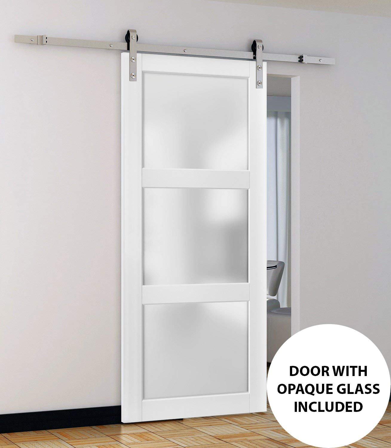 Lucia 2552 32x84 Inch Frosted Glass 3-Lite Barn Door - Matte White Finish with 6.6FT Stainless Steel Top Mount Rail & Heavy Duty Hangers | Perfect for Bedroom, Bathroom or Closet Privacy Doors