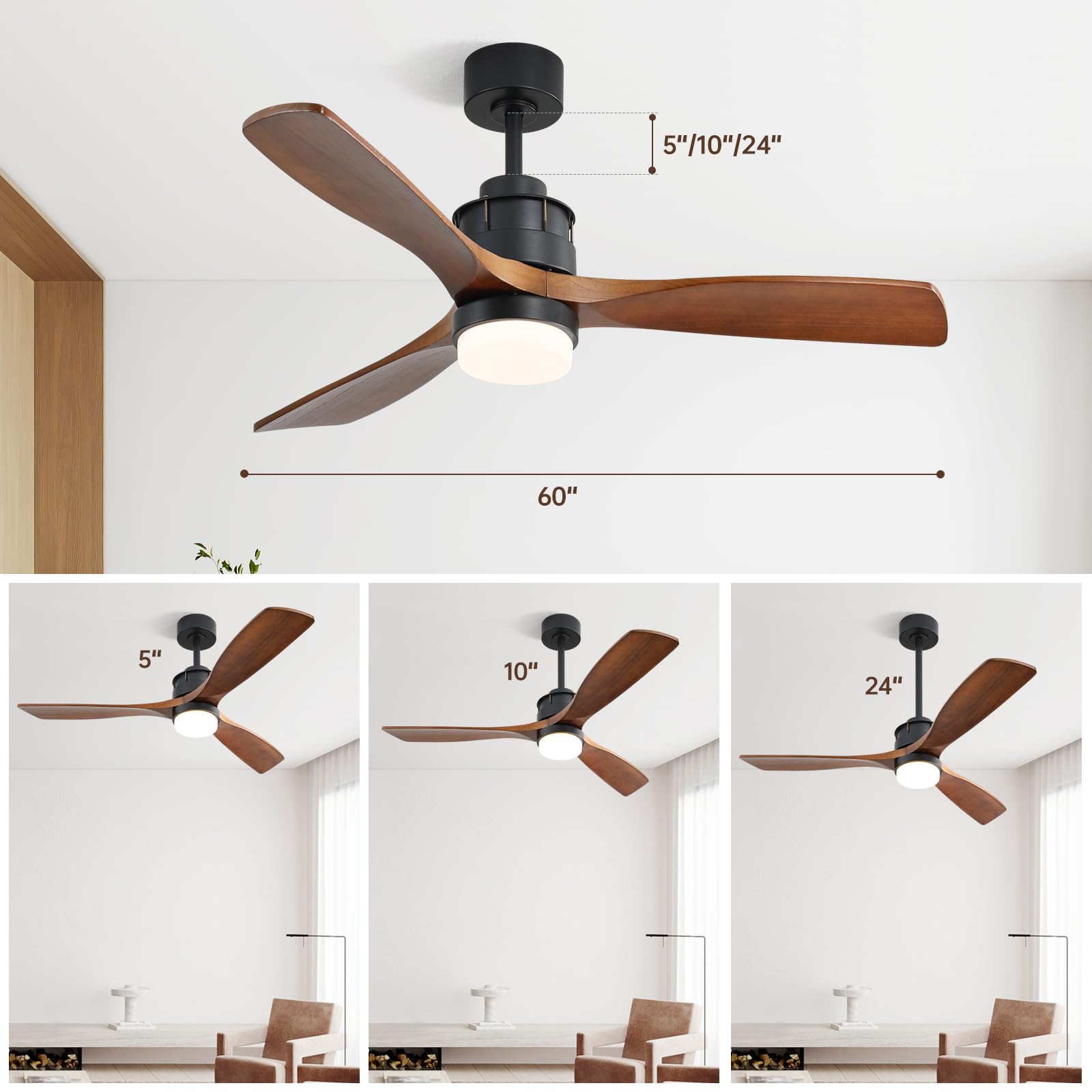 60 Inch Walnut Wood Ceiling Fan with Light and Remote Control - Large Outdoor Ceiling Fan for Covered Patios, Porch, Garage, Farmhouse - Perfect for Cooling and Decorating Your Outdoor Living Spaces