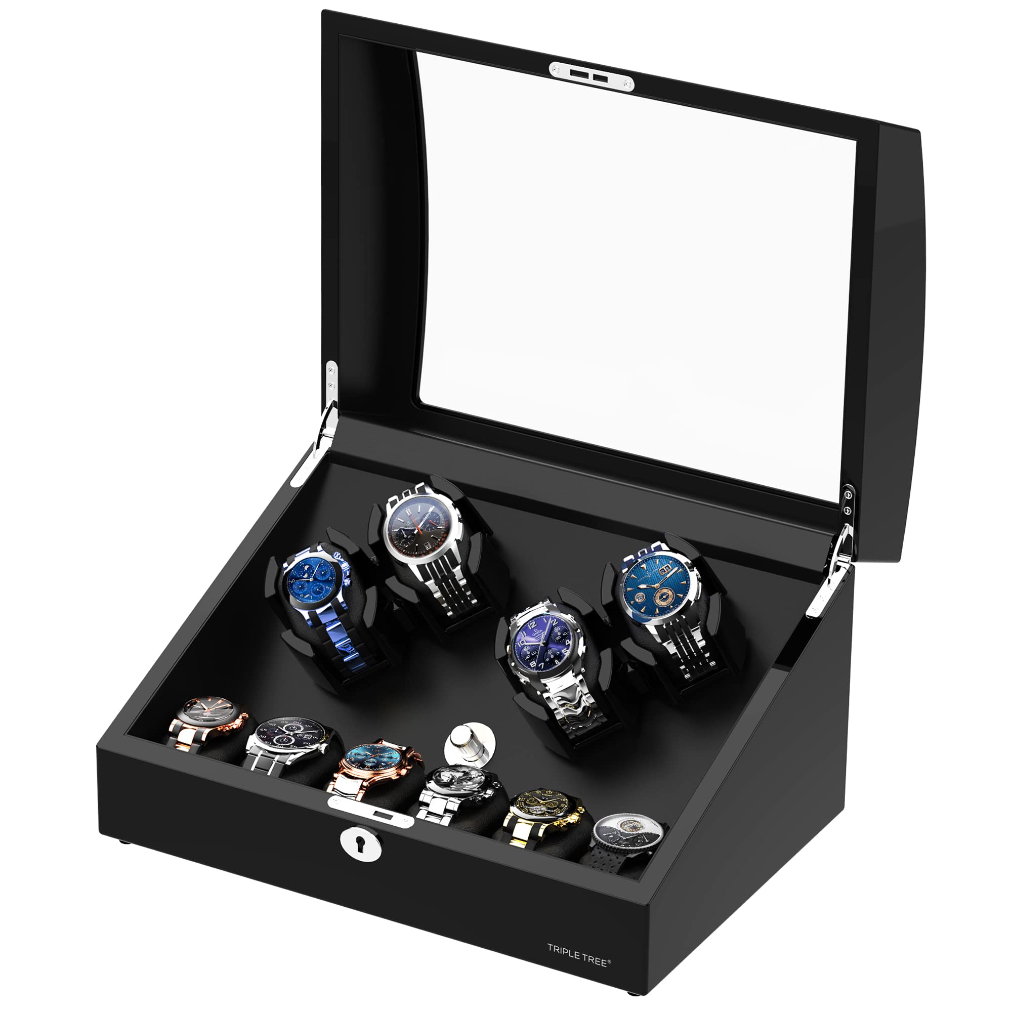 Premium Watch Winder for 4 Automatic Watches - 6 Extra Storage Slots, Elegant Wooden Piano Finish, Ultra-Quiet Motor & Adjustable Watch Pillows (Triple Tree) - Perfect for Watch Collectors, Luxury Storage & Display