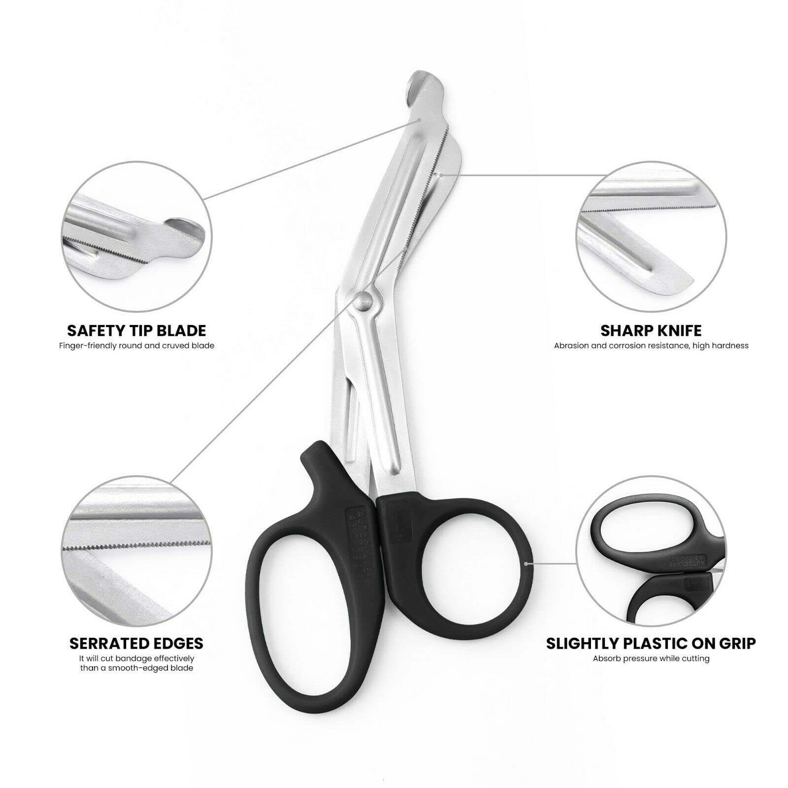 EMT Trauma Shears - Stainless Steel Medical Scissors for First Aid, Paramedics & Fire Rescue | Heavy Duty Bandage & Fabric Cutting | Autoclavable Tuff Cut Utility Shears (7.5 Inch, Black) - Perfect for Emergency Kits, Hospitals & Outdoor Survival Gear