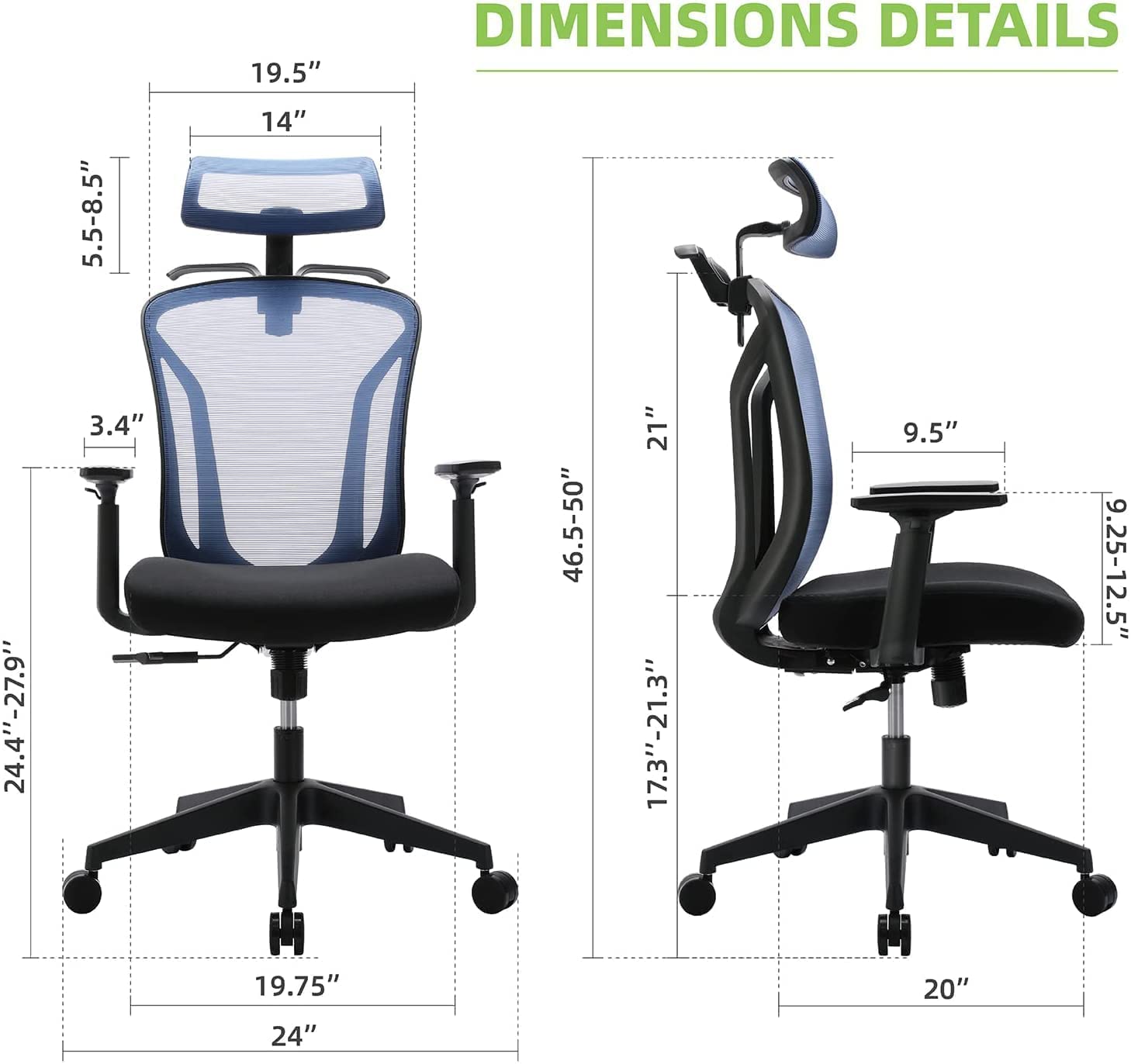 Ergonomic High Back Office Chair with Adjustable Headrest & Lumbar Support - Breathable Mesh Executive Desk Chair for Home & Office - Includes Soft Foam Seat Cushion & Hanger - Perfect for Long Work Hours, Gaming & Remote Work (Blue)