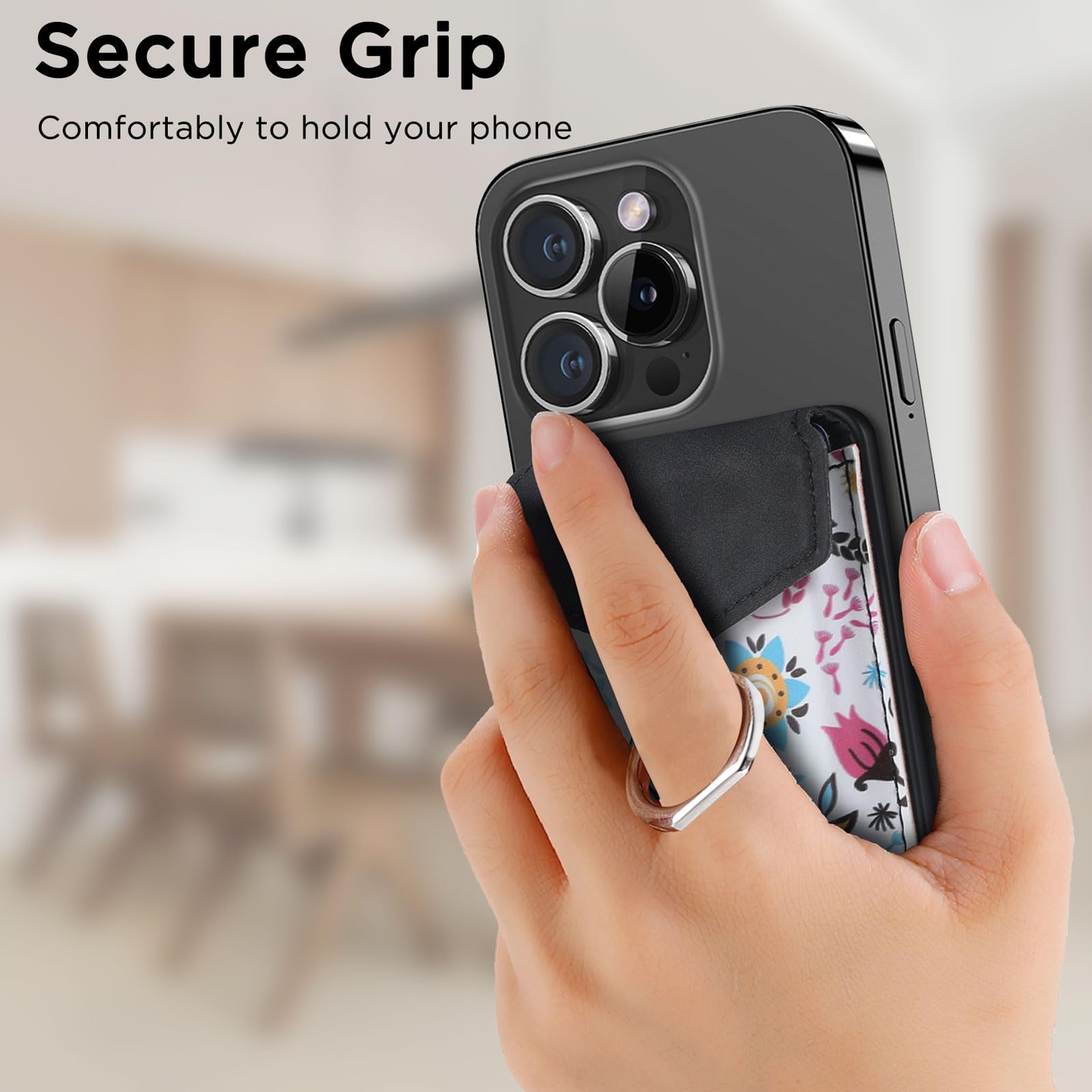 Magnetic Leather Wallet for iPhone 15/14/13/12 Series - Slim RFID Blocking MagSafe Wallet with Ring Holder | 3 Card Holder | Perfect for Daily Use, Travel & Hands-Free Convenience (Black)