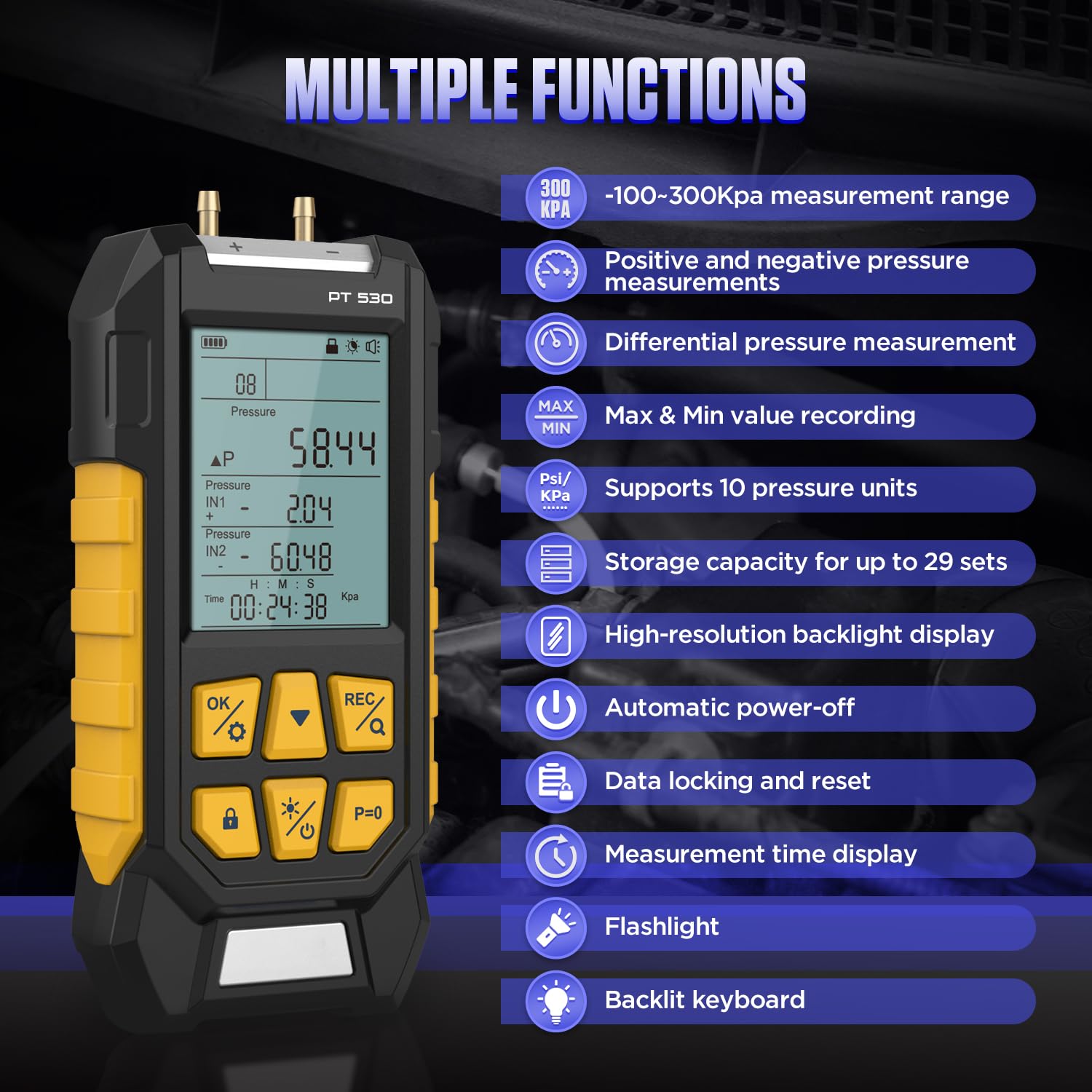 Digital Manometer HVAC Gas Pressure Tester - Fieldpiece Manometer with 10 Pressure Units (-100~300Kpa), Data Locking & Storage, Backlight Display - Perfect for HVAC Technicians, Gas Pressure Testing, and Industrial Applications