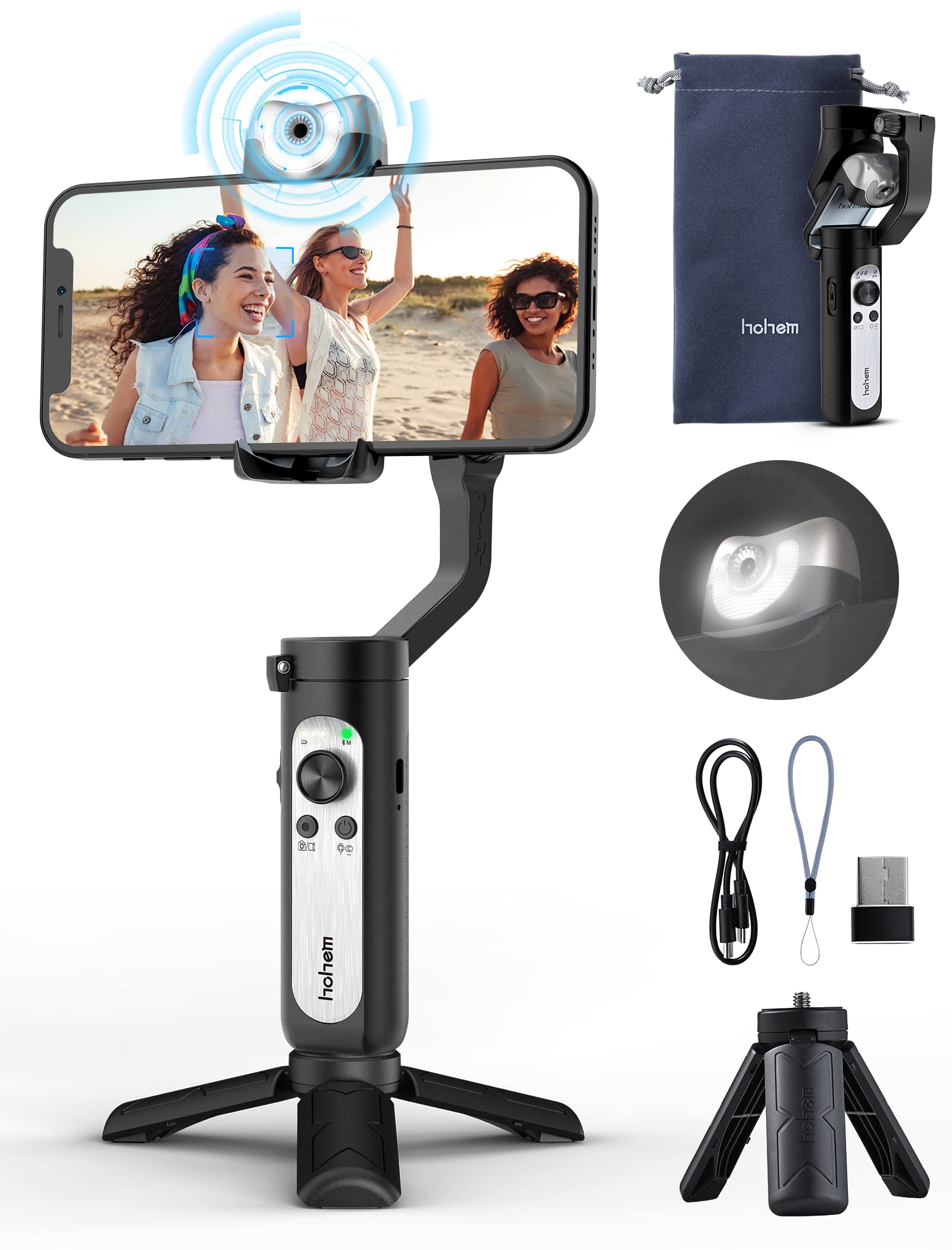 Hohem iSteady V2 3-Axis Smartphone Gimbal Stabilizer with AI Tracking & Fill Light - Foldable Phone Stabilizer for iPhone Android - Perfect for YouTube, TikTok Live, Vlogging & Content Creation