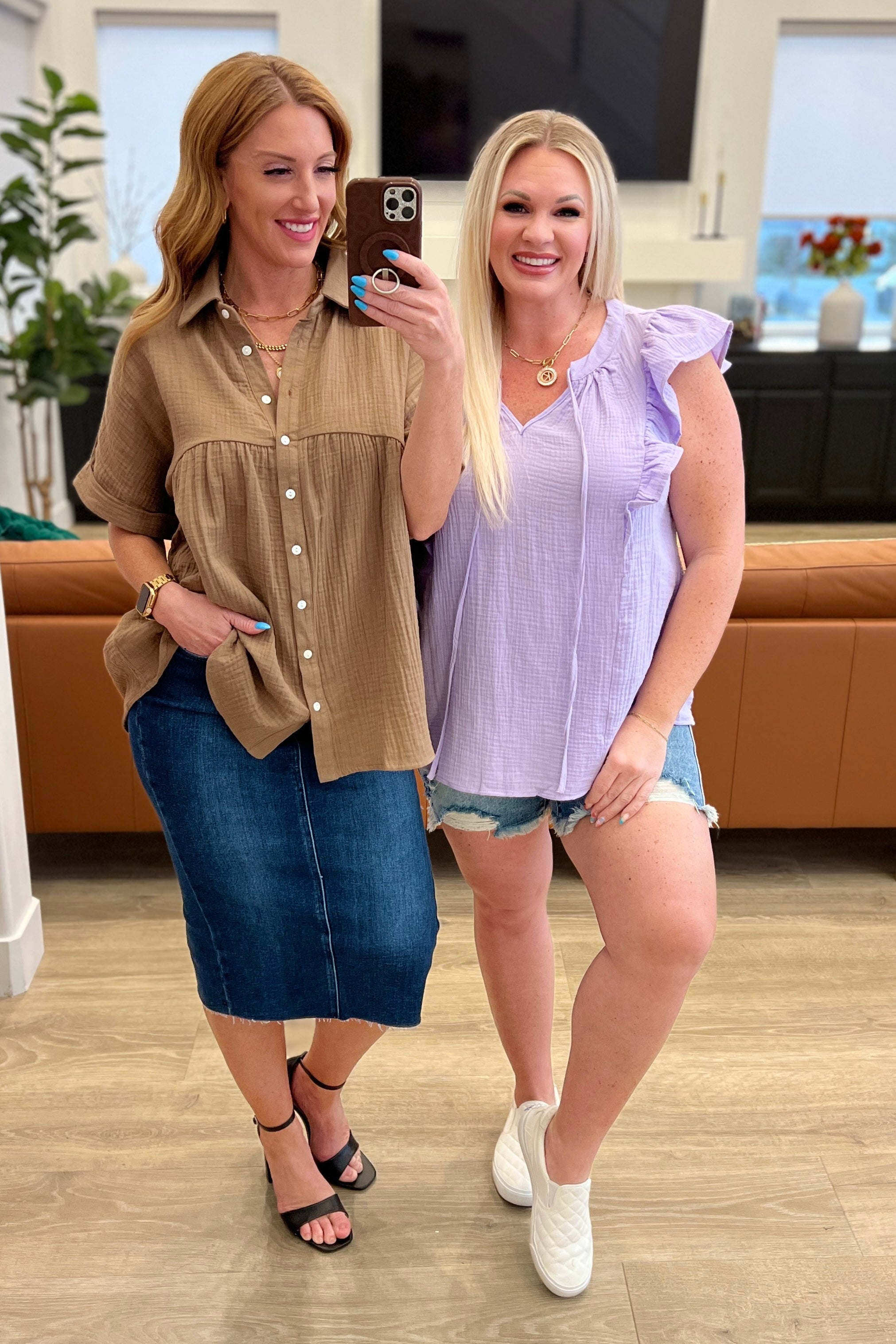 Mocha Gauze Button Down Babydoll Blouse for Women - Soft & Breathable Summer Top for Casual Outings, Beach Cover-Up, and Boho Chic Outfits