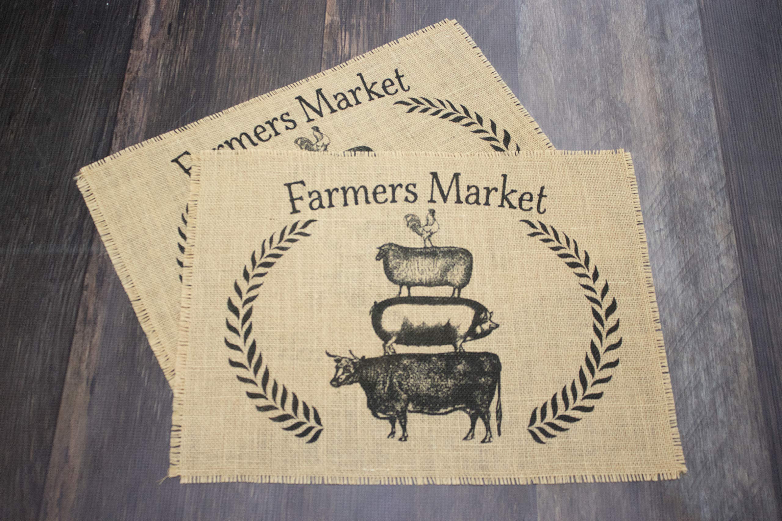 Farmers Market Burlap Placemats Set of 2 - Rustic Natural Jute Table Mats for Dining Room Decor, Kitchen Table Setting, and Farmhouse Style Home Accessories