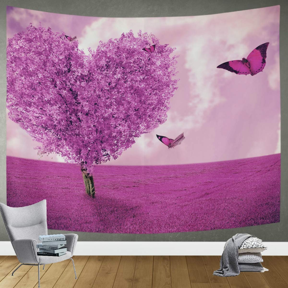DOMIKING Heart Tree Butterfly Tapestry Wall Hanging - 90x60 Inch Bohemian Bedroom Decor for Living Room, Dorm, Yoga Studio | Trippy Hippie Aesthetic Wall Art Blanket for Meditation Space & Chill Room Decor