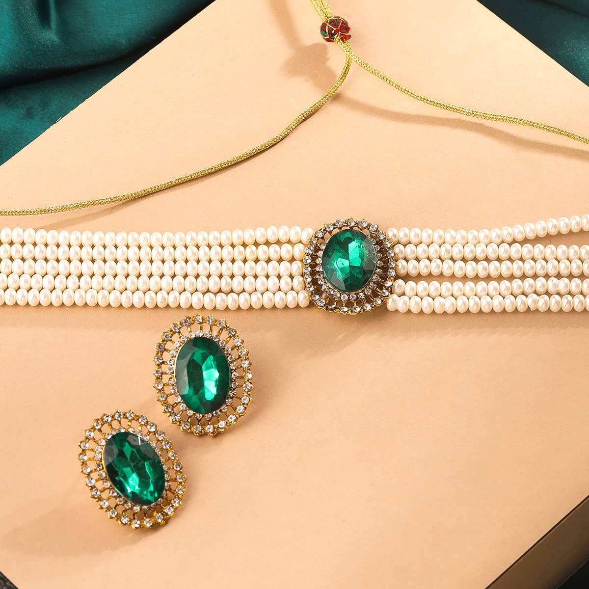 Yellow Chimes Jewelry Set for Women & Girls - White Beads Necklace & Gold Tone Green Crystal Choker Set | Elegant Birthday & Anniversary Gift for Wife, Daughter, Sister | Perfect for Parties, Weddings & Special Occasions