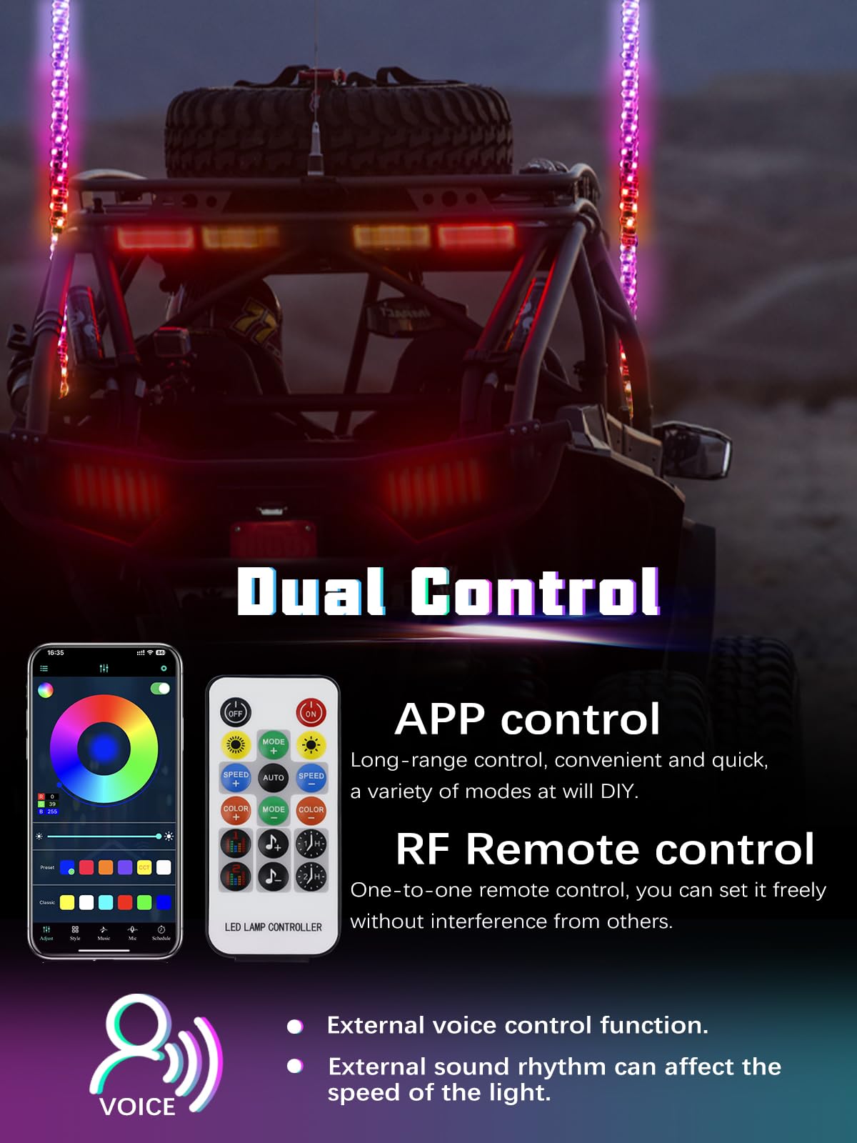 UNI-SHINE 2PCS 4FT LED Whip Lights with Spring Base, RGB Spiral Chasing Lights with APP & Remote Control - Music Sync Antenna Whip Light for Can-Am UTV, ATV, RZR, Polaris SXS Off-Road Vehicles - Perfect for Night Rides, Off-Road Adventures & Car Shows