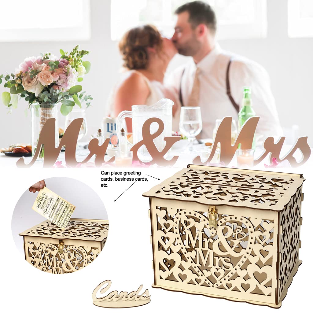 Alnicov Wooden Wedding Card Box with Lock Slot - DIY Money Gift Box for Wedding, Anniversary, Birthday & Graduation Parties - Large Size Mr & Mrs Decorative Keepsake - Perfect for Reception Decor & Cash Gift Collection