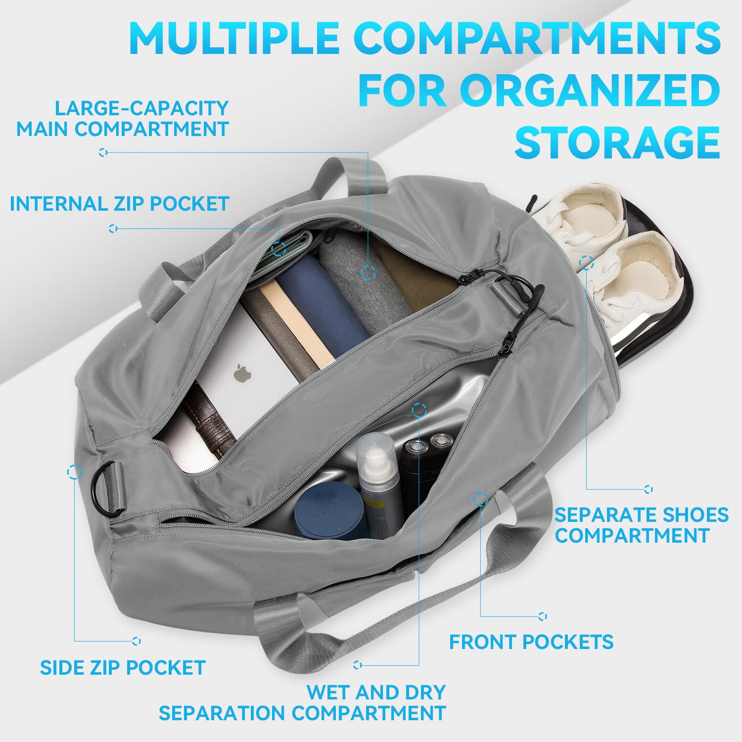 VICTORIATOURIST Water-Resistant Gym & Travel Duffel Bag for Men & Women with Shoe Compartment - Perfect for Sports, Workout, Weekend Trips & Overnight Travel (Silver Gray)