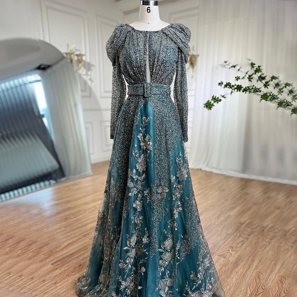 Luxury Dubai Blue Muslim Lace Beaded Evening Gowns for Women - Elegant A-Line Long Sleeve Wedding Party Dresses 2025 | Perfect for Formal Events, Bridal Showers & Special Occasions