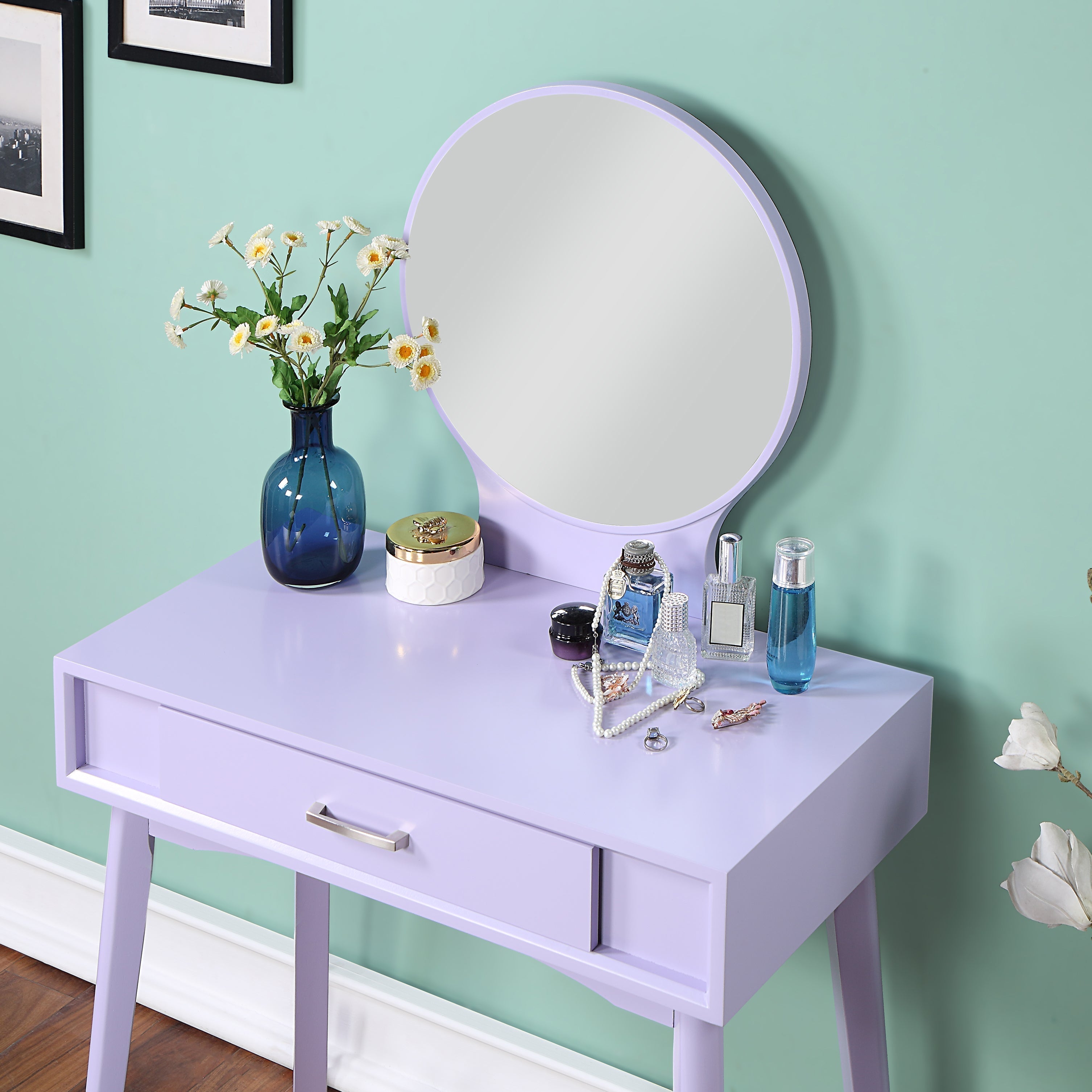 Roundhill Furniture Maly Contemporary Wood Vanity and Stool Set - Modern Makeup Dressing Table with Matching Stool for Bedroom & Bathroom