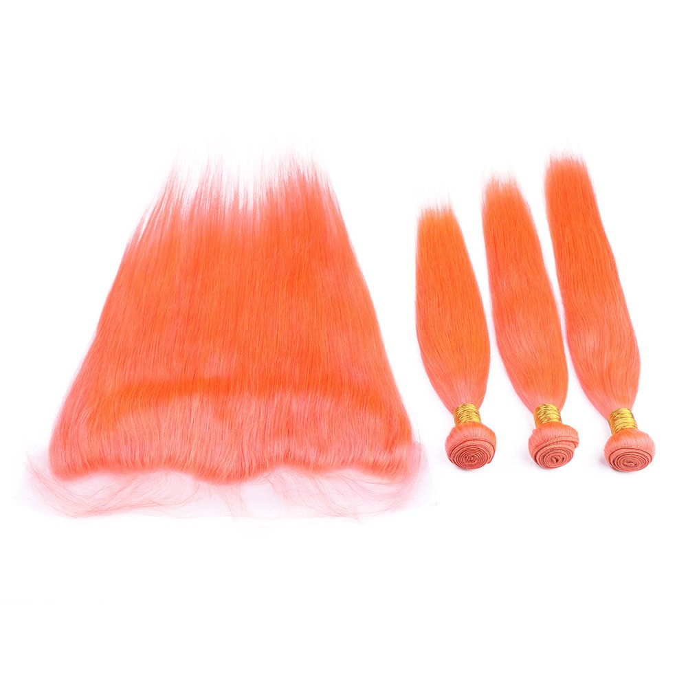 9A Virgin Brazilian Malaysian Silky Straight Hair Extensions - 3 Bundles with 13x4 Frontal (10 10 10+8 Inch) Sun Orange Color | Natural Look for Daily Wear, Parties & Special Occasions