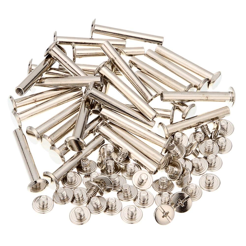 50pcs M5 Nickel Plated Binding Screws Nail Rivet Studs for Photo Albums, Account Books, Leather Craft, Belts & Wallets - 33mm Stem Length - DIY Leatherworking & Bookbinding Supplies