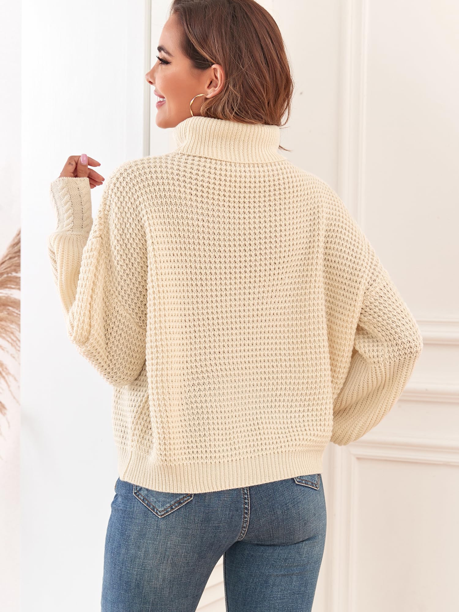 Women's Oversized Turtleneck Sweater - Long Lantern Sleeve Waffle Knit Pullover Jumper Top for Winter Warmth & Casual Outfits | Perfect for Office, Date Night & Holiday Gatherings