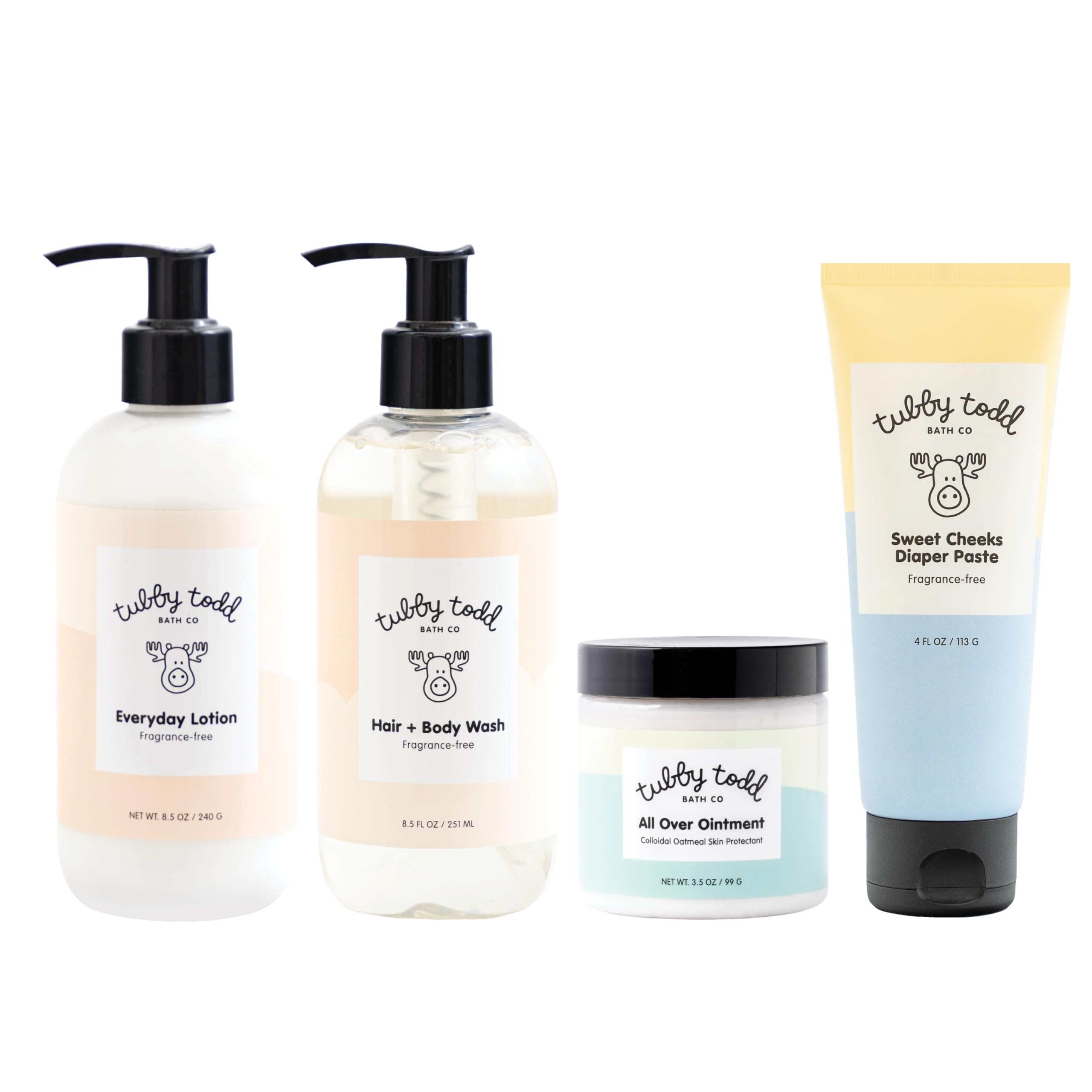TUBBY TODD Baby Bath & Skincare Gift Set - Fragrance-Free Baby Shampoo, Body Wash, Lotion 8.5oz, Ointment 3.5oz & Diaper Cream 4oz - Newborn Essentials for Sensitive Skin - Perfect for Baby Showers, New Parents & Daily Bath Time Routine