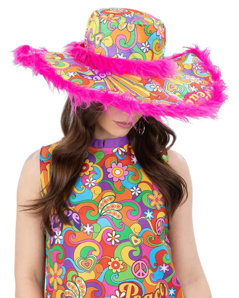 60s Summer of Love Hippie Sun Hat for Women - Vintage Floral Wide Brim Beach Hat for Outdoor, Music Festivals & Boho Style