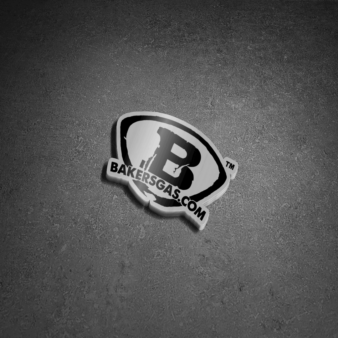 Baker's Gas Brushed Aluminum Logo Sticker - Durable Metal Decal for Toolboxes, Helmets & Industrial Equipment - Perfect for Branding, Personalization & DIY Projects