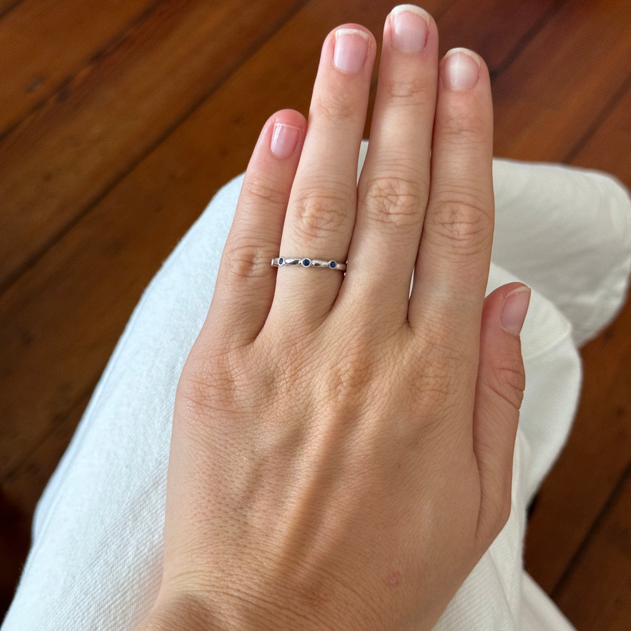 14K White Gold Sapphire Bezel Station Halfway Ring - Elegant Wedding, Engagement & Anniversary Jewelry Gift for Women