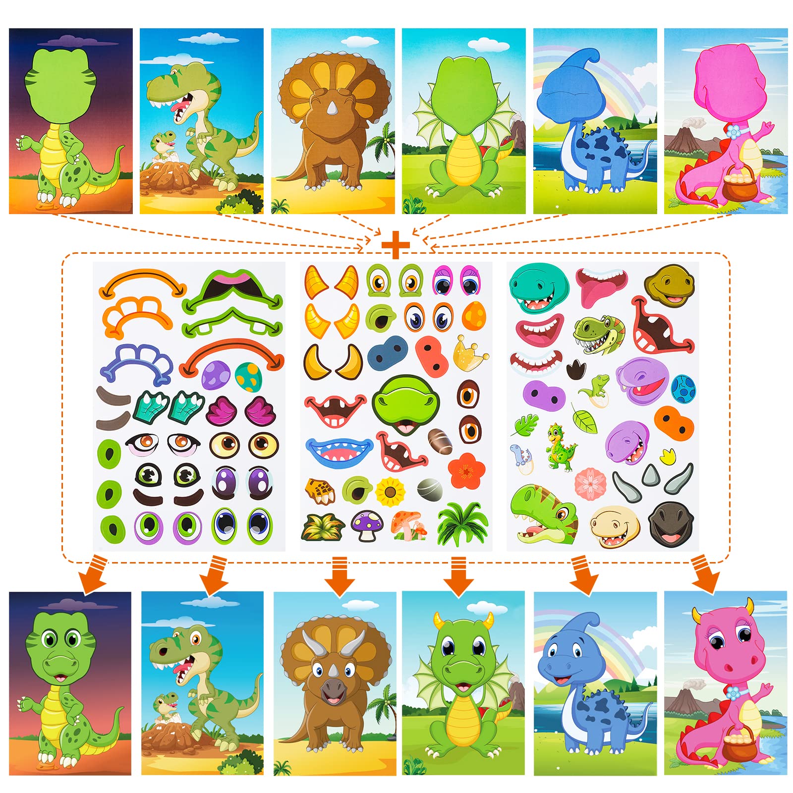 42 Sheets DIY Animal Face Stickers for Kids - 12 Animals & 6 Dinosaur Sticker Pads Set - Creative Art Craft, Party Favors, School Rewards for Boys & Girls - Perfect for Birthday Parties, Classroom Activities & Arts & Crafts Projects
